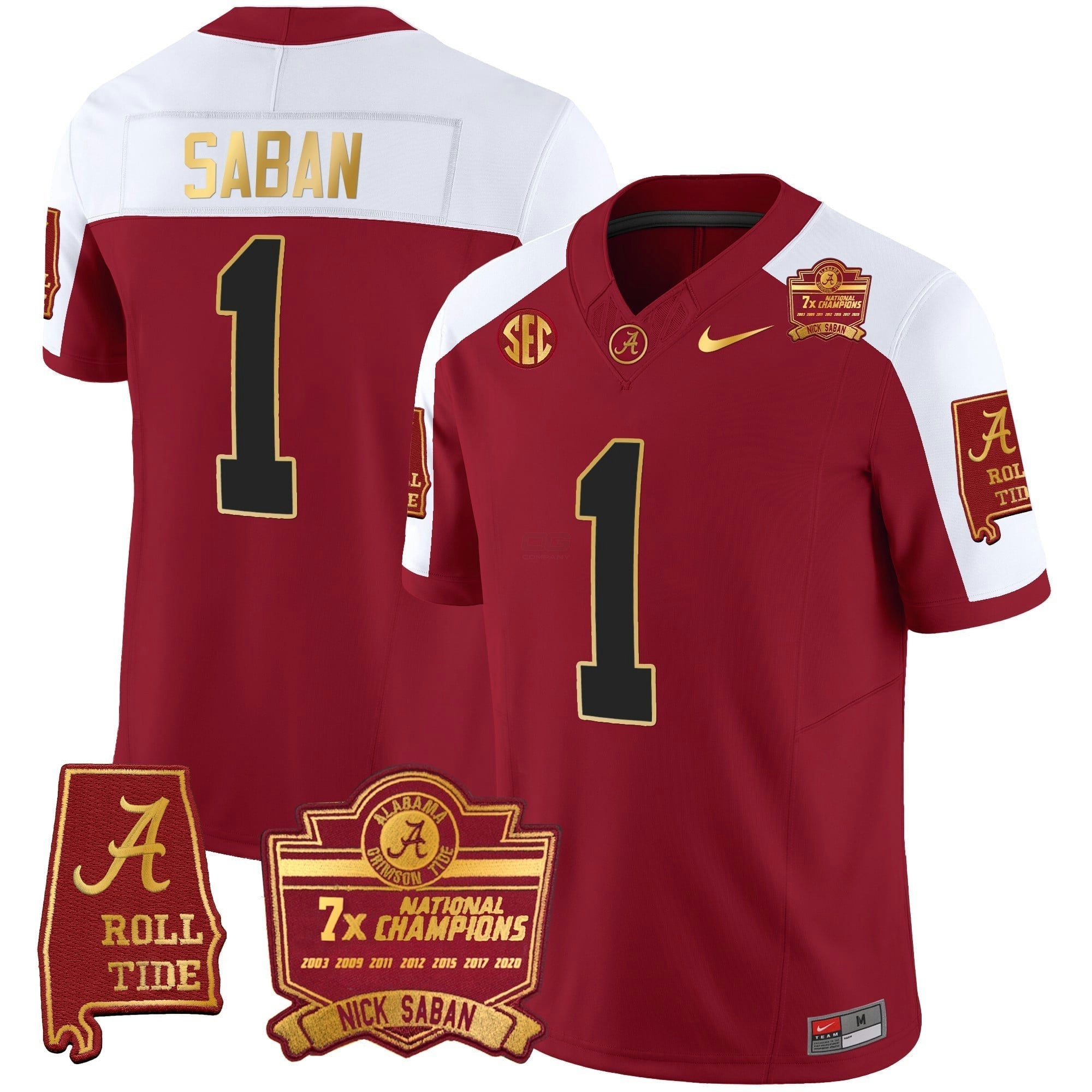 Camisa NCAA Nick Saban 7x Champions Patch Dourada Trim Jersey