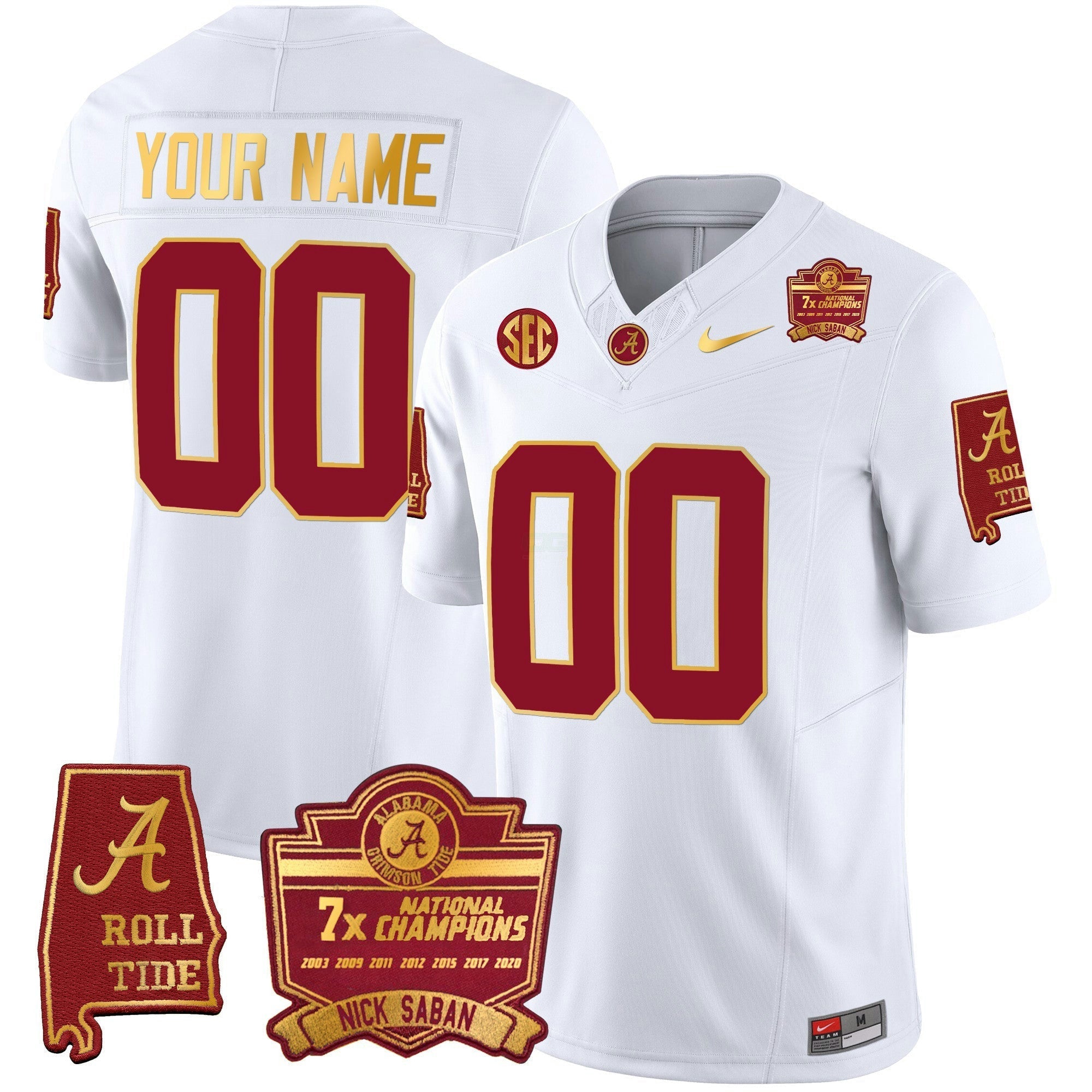 Camisa NCAA Nick Saban 7x Champions Patch Dourada Trim Jersey