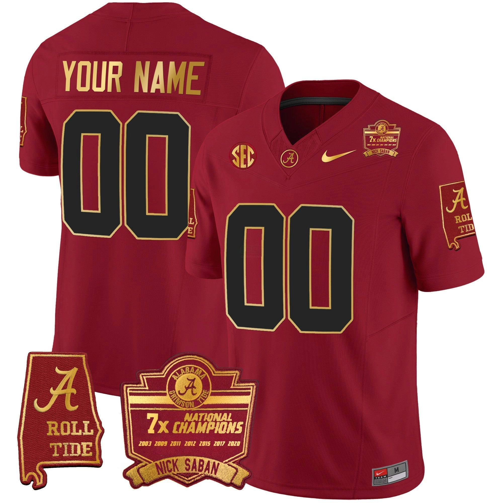 Camisa NCAA Nick Saban 7x Champions Patch Dourada Trim Jersey