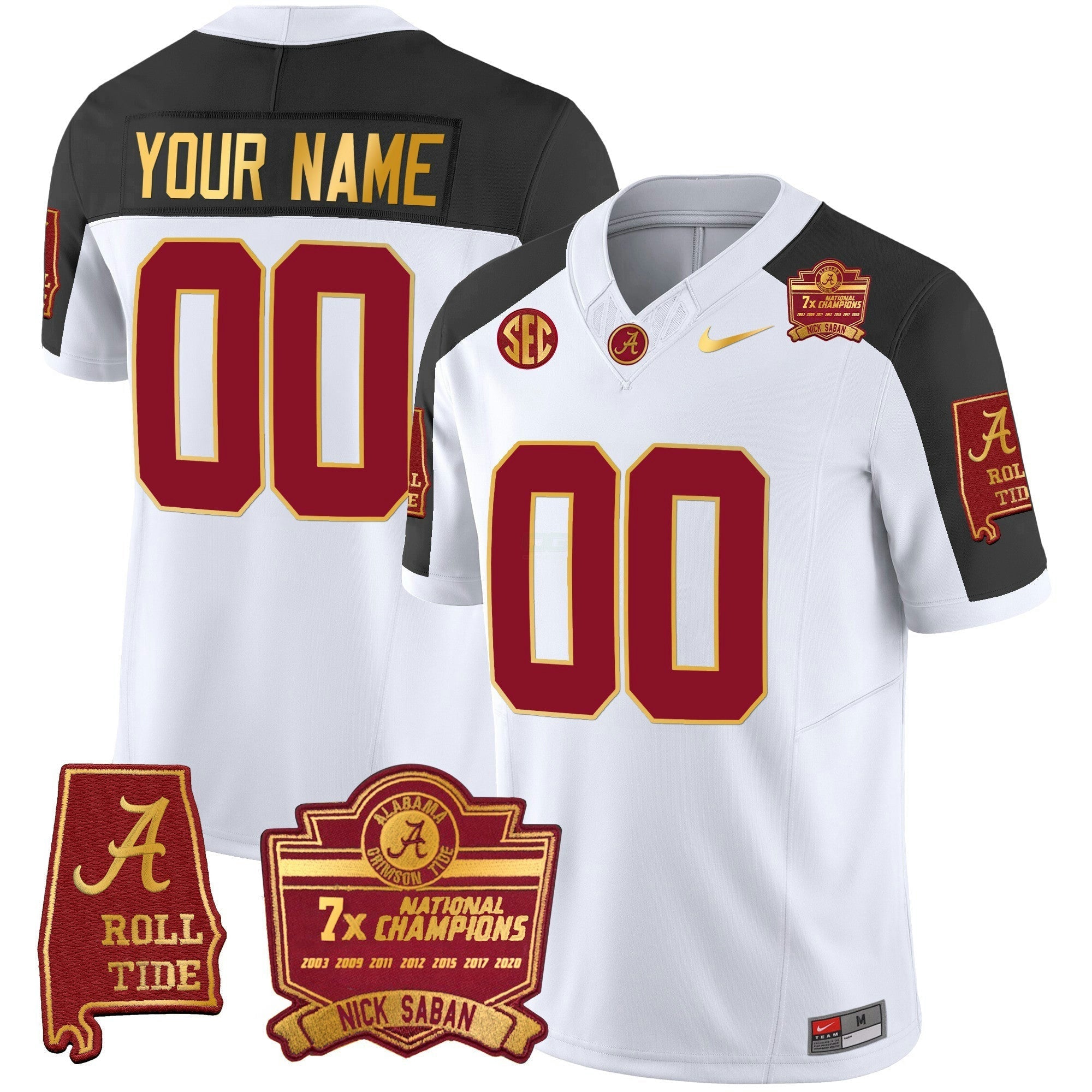Camisa NCAA Nick Saban 7x Champions Patch Dourada Trim Jersey