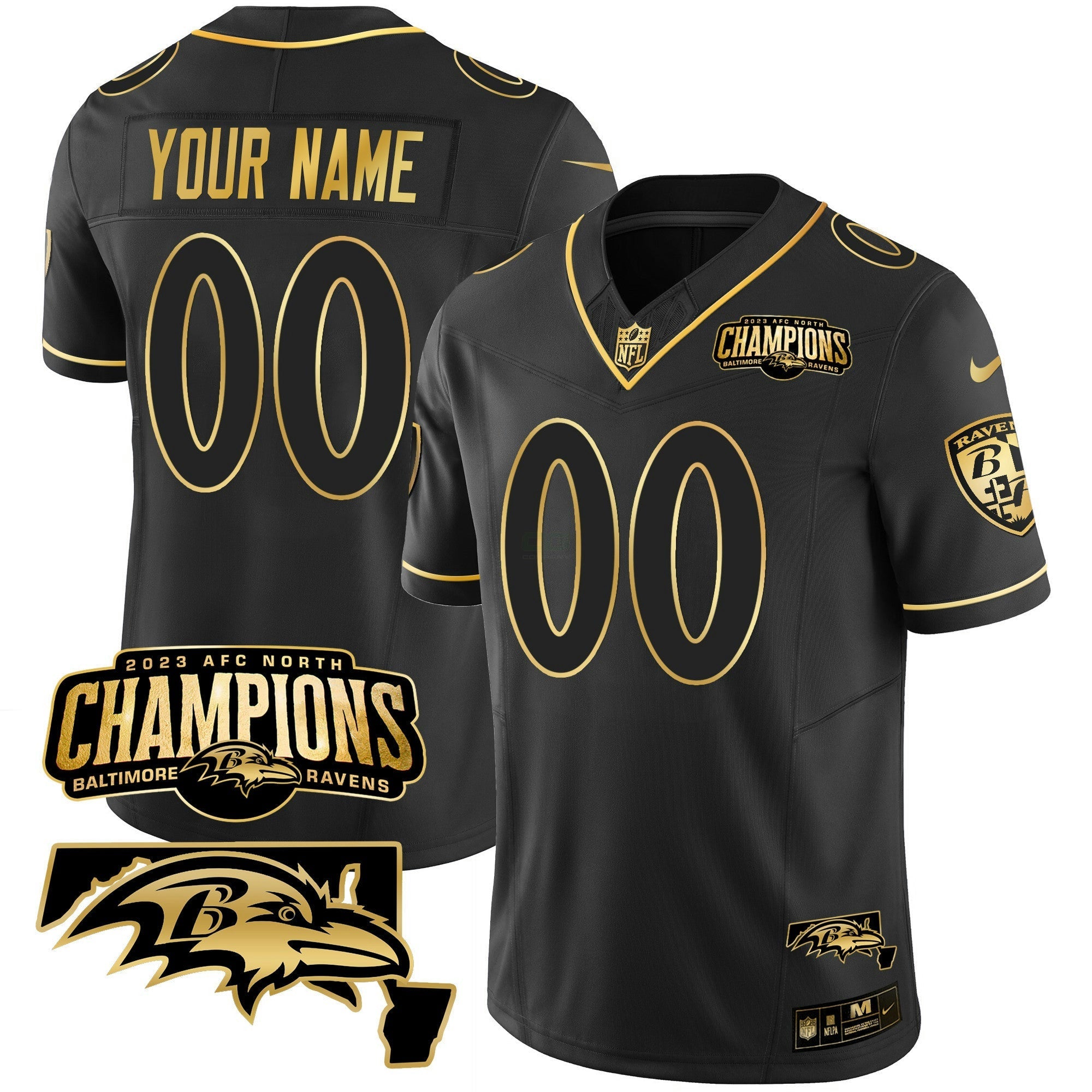 Camisa NFL 2023 AFC North Champions & Maryland Patch Dourada Vapor Jersey