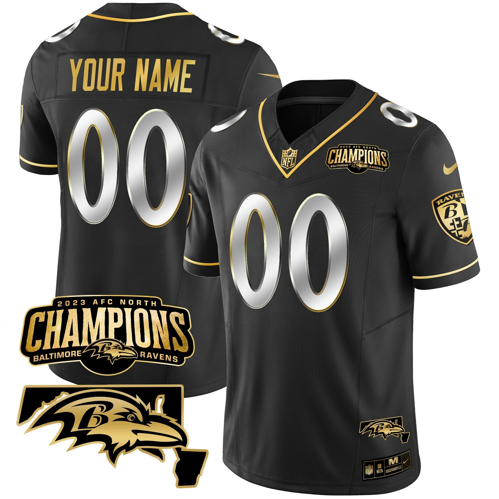 Camisa NFL 2023 AFC North Champions & Maryland Patch Dourada Vapor Jersey