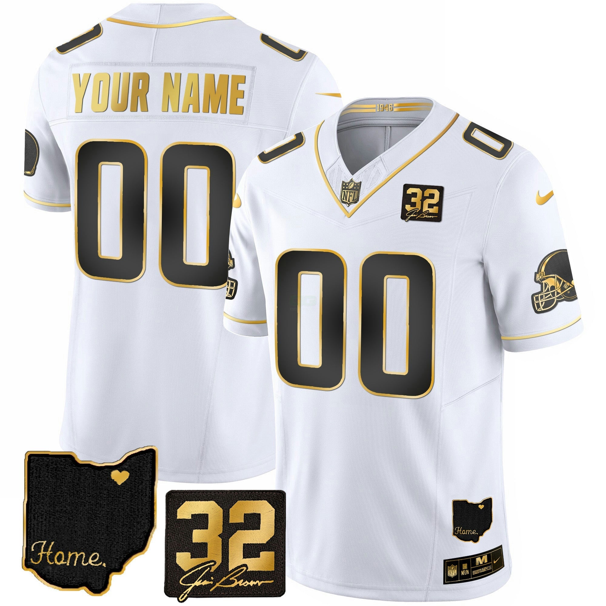 Camisa NFL #32 Jim Brown Memorial & Home Patch Dourada Jersey