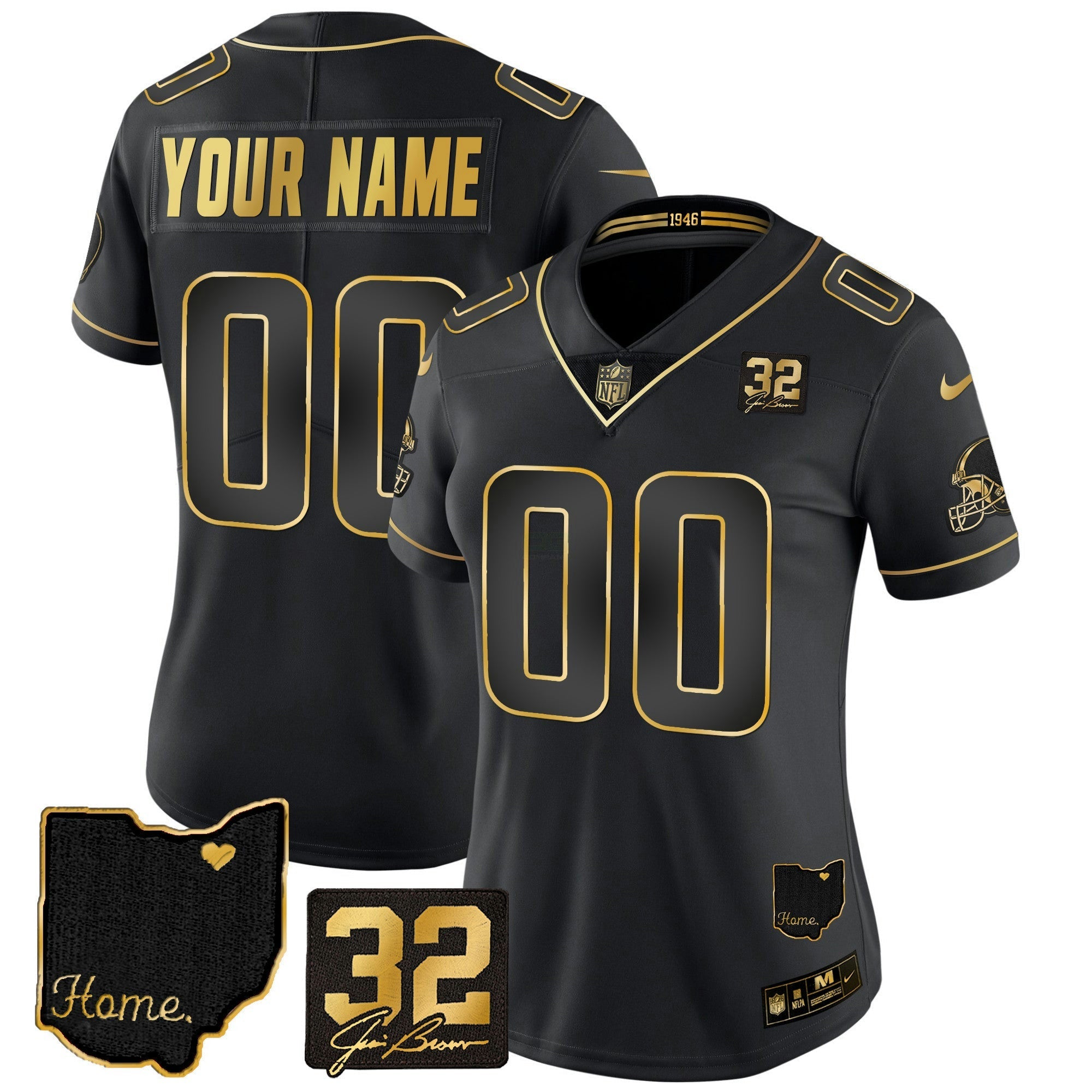 Camisa NFL #32 Jim Brown Memorial & Home Patch Dourada Jersey