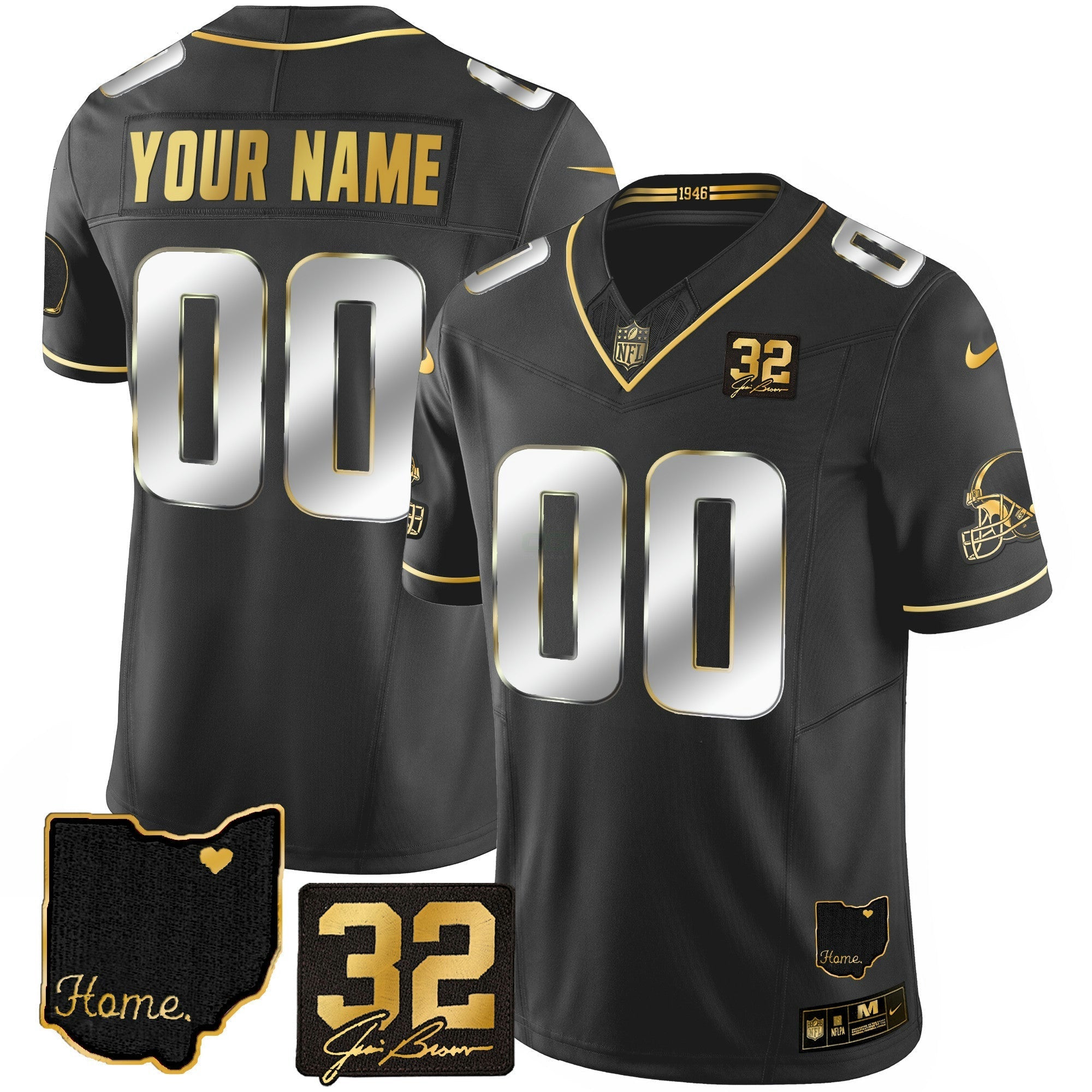 Camisa NFL #32 Jim Brown Memorial & Home Patch Dourada Jersey