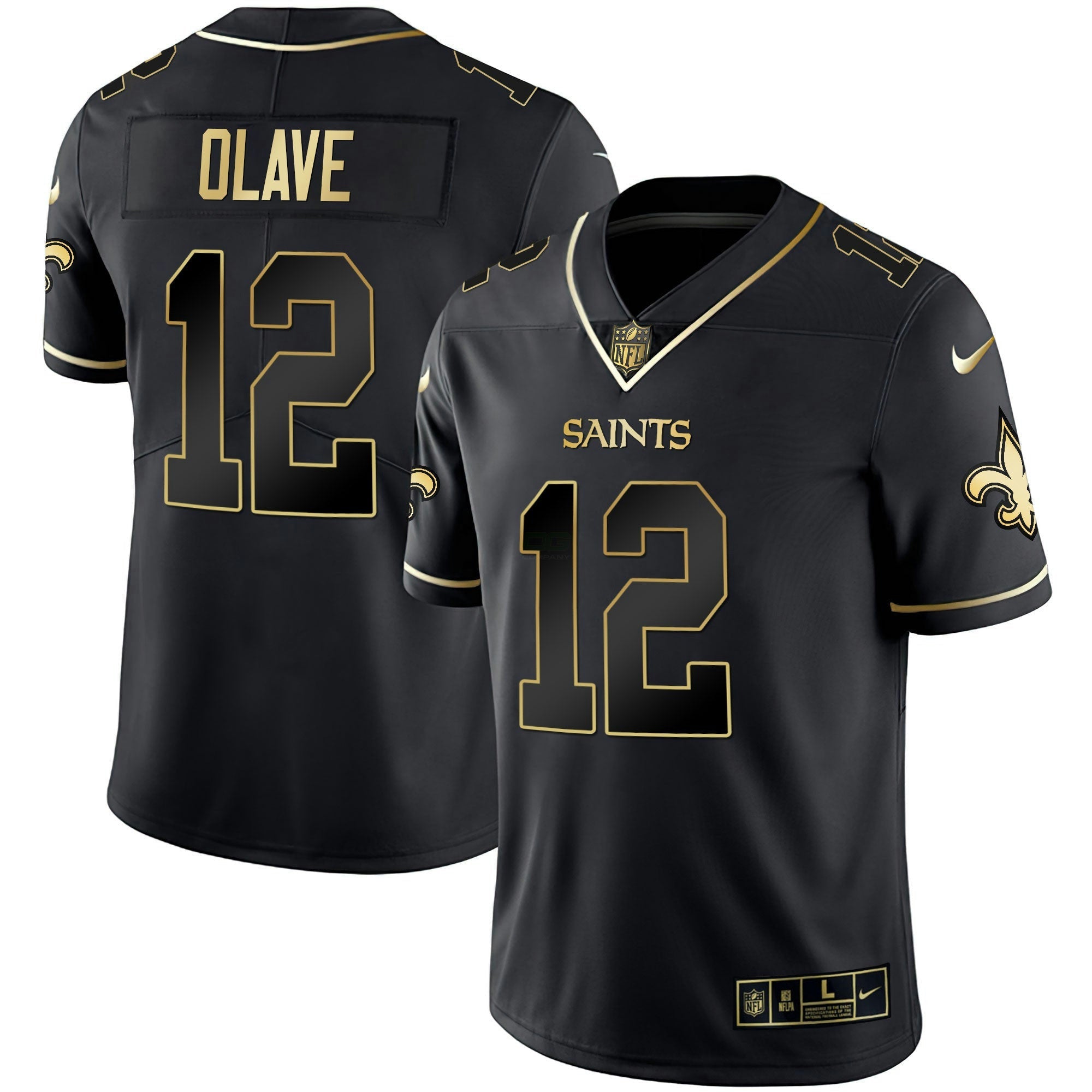 Camisa NFL Chris Olave New Orleans Preta Dourada & Branca Dourada Jersey
