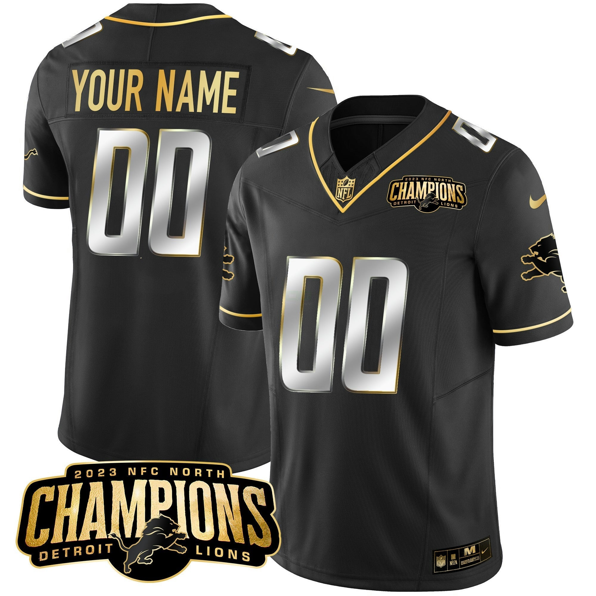 Camisa NFL Detroit 2023 NFC North Champions Patch Dourada Vapor Jersey