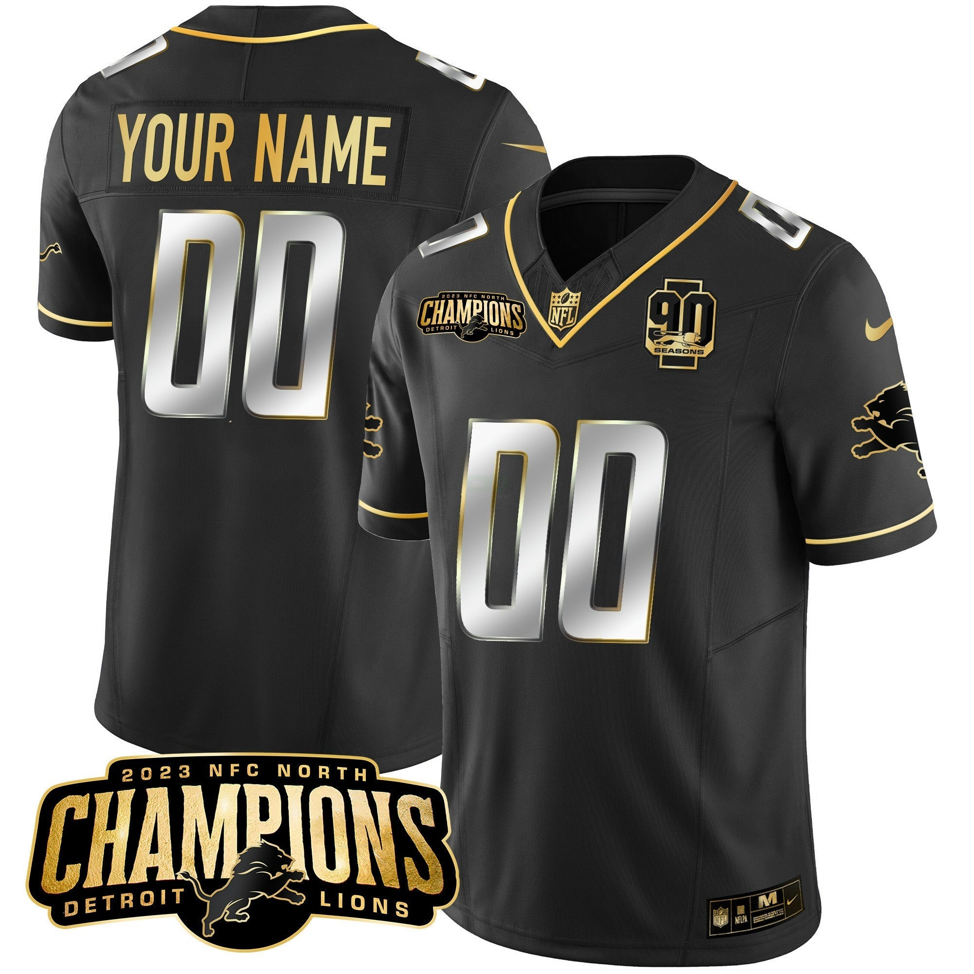 Camisa NFL Detroit 2023 NFC North Champions Patch Dourada Vapor Jersey V2