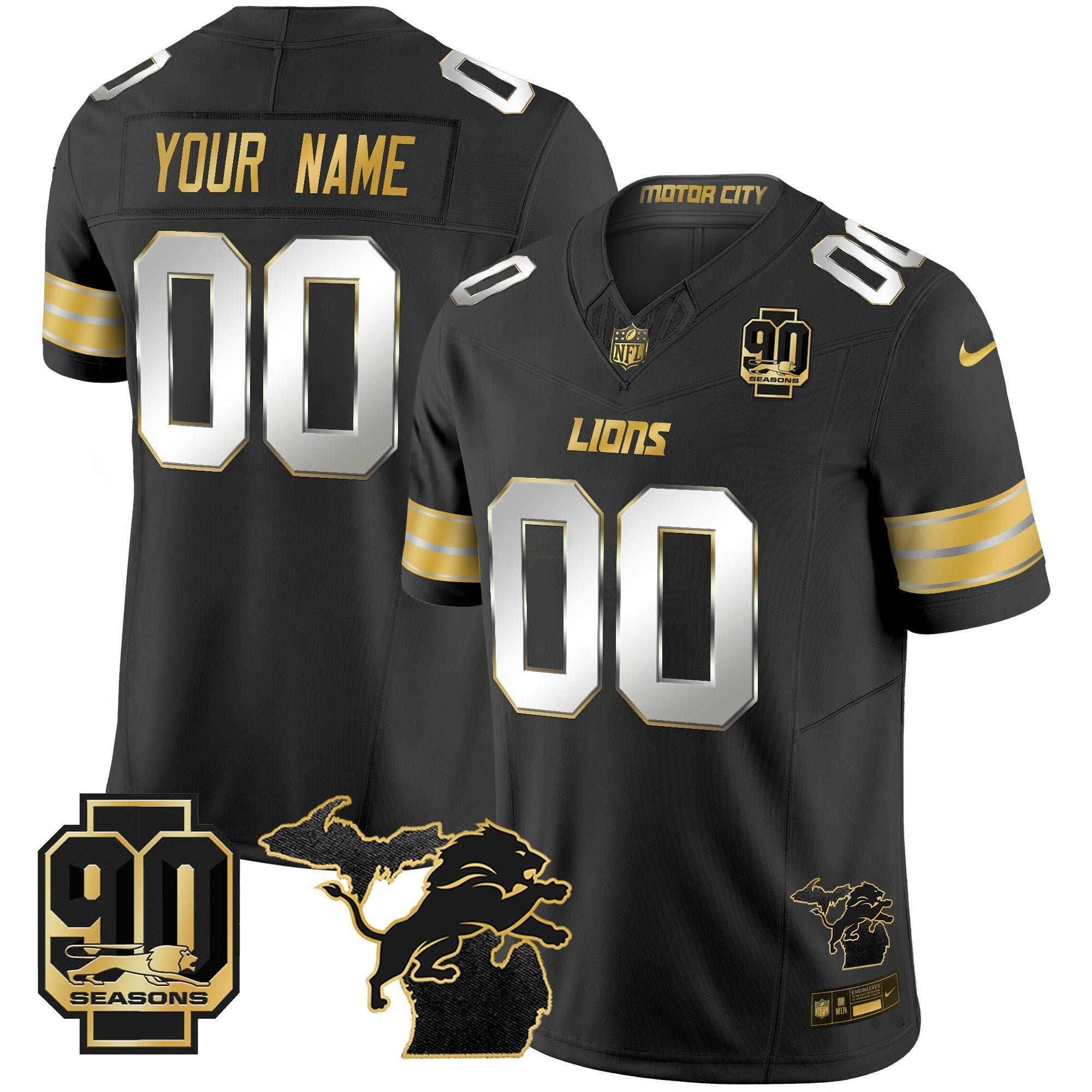 Camisa NFL Detroit 2025 Michigan & 90th Season Patch Dourada Vapor Limited Jersey
