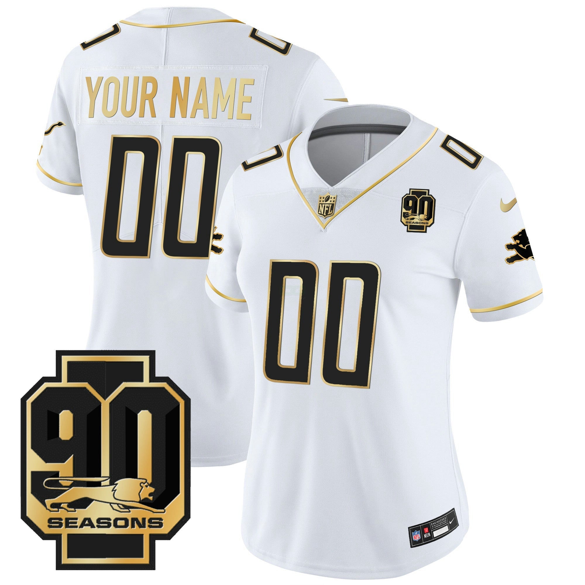 Camisa NFL Detroit 90th Year Patch Dourada Jersey