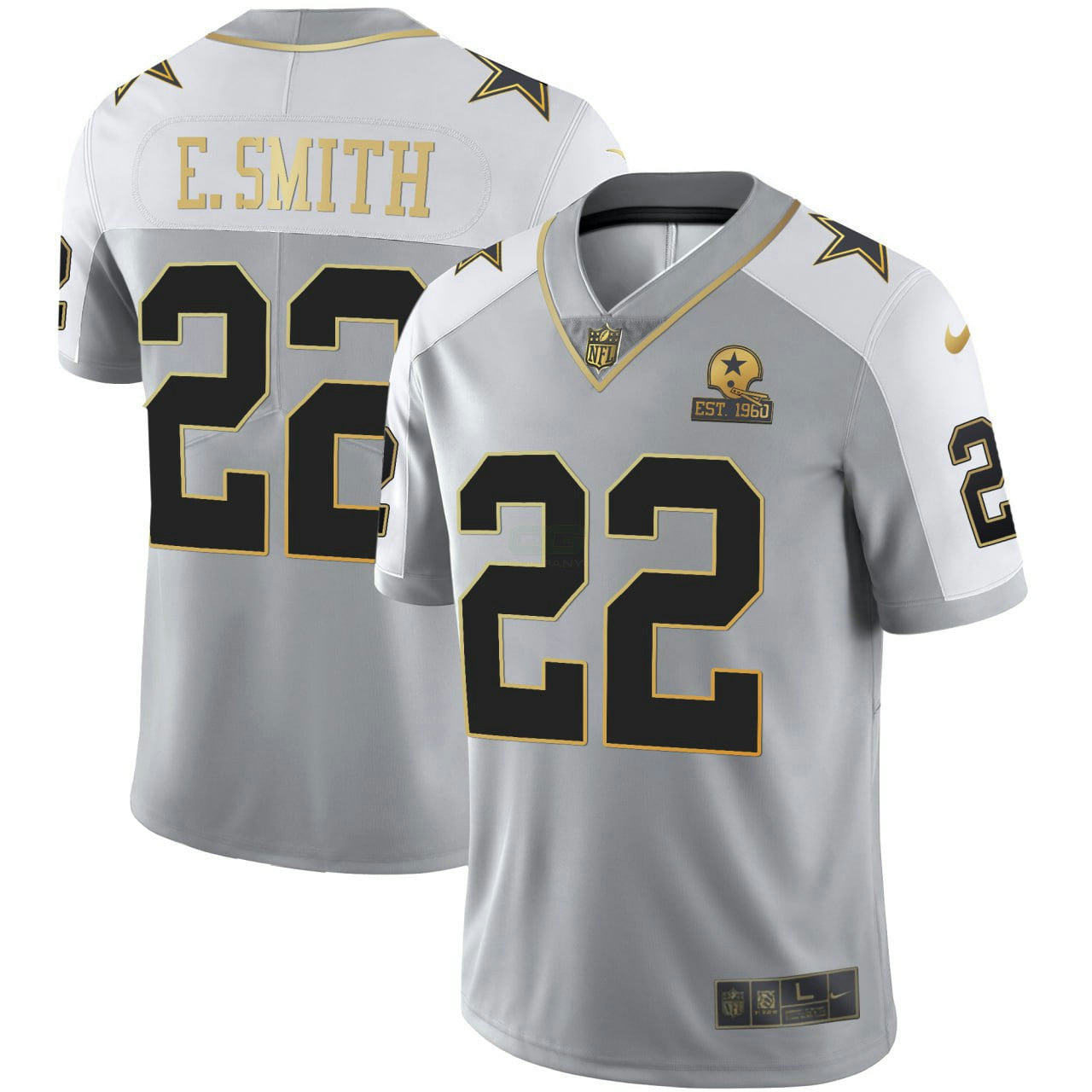 Camisa NFL Emmitt Smith Dallas Cinza Dourada Vapor Est 1960 Patch Jersey - Emmitt Smith