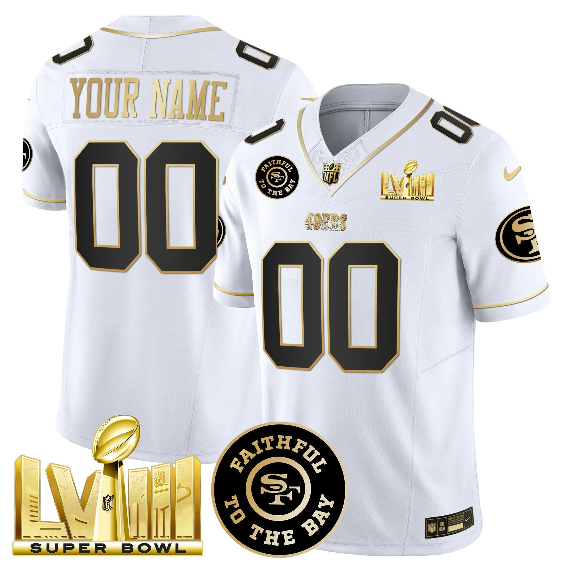 Camisa NFL Faithful & Super Bowl LVIII Dourada Patch Vapor Jersey V2