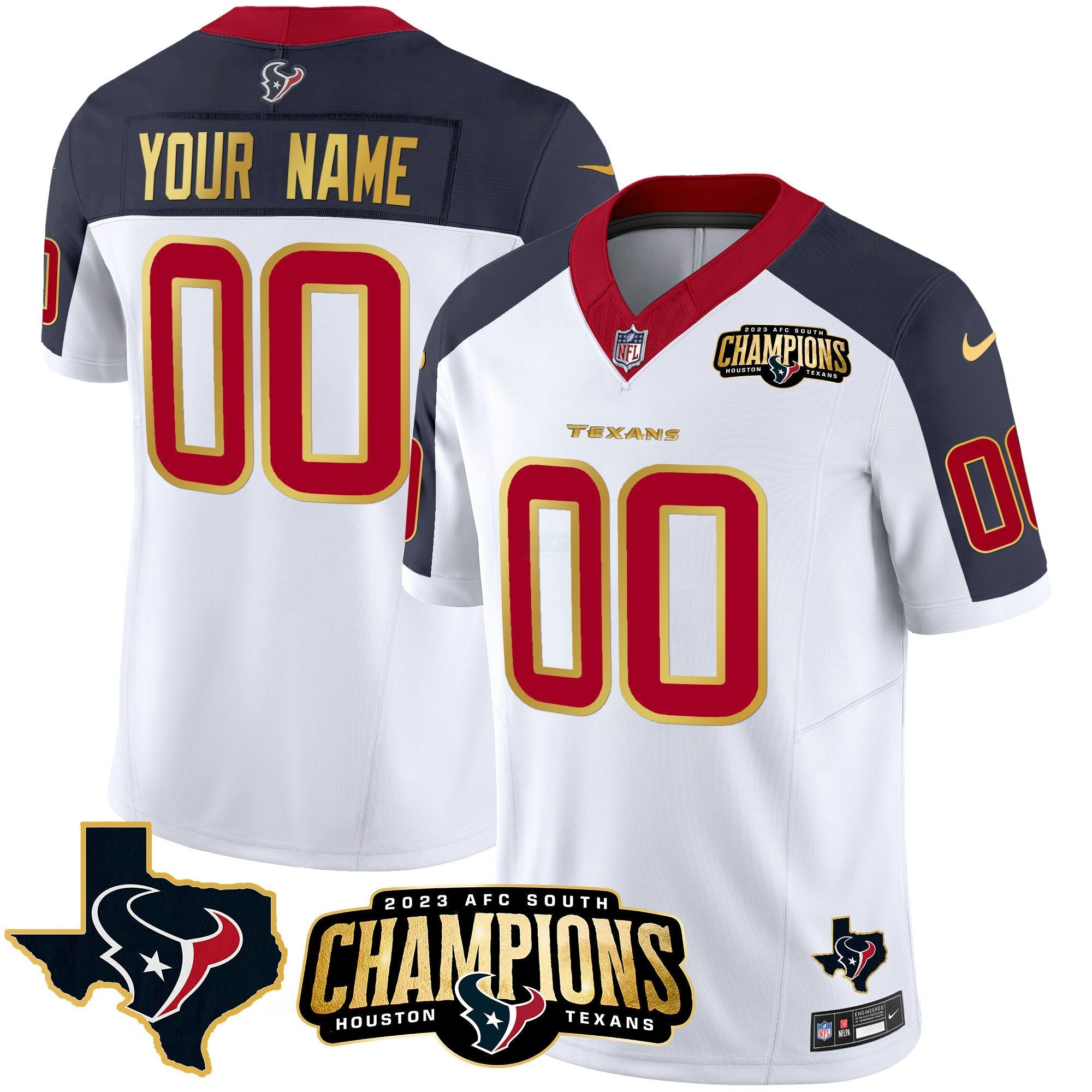 Camisa NFL Houston 2023 AFC South Champions Patch Dourada Trim Vapor Jersey