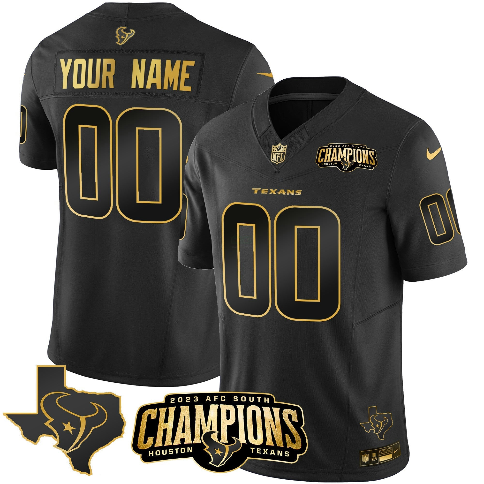 Camisa NFL Houston 2023 AFC South Champions Patch Dourada Vapor Jersey