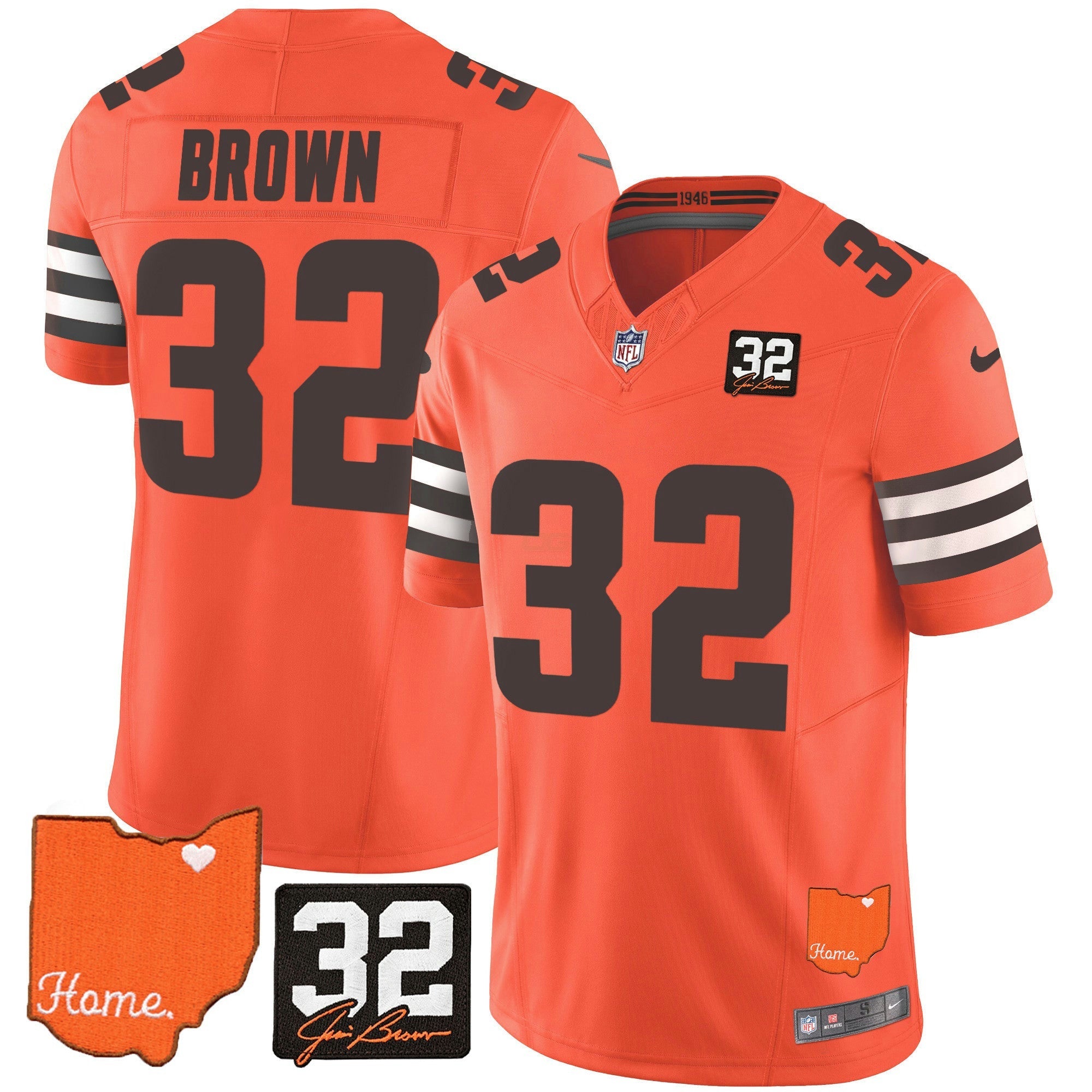 Camisa NFL Jim Brown #32 Jim Brown Memorial & Home Patch Jersey