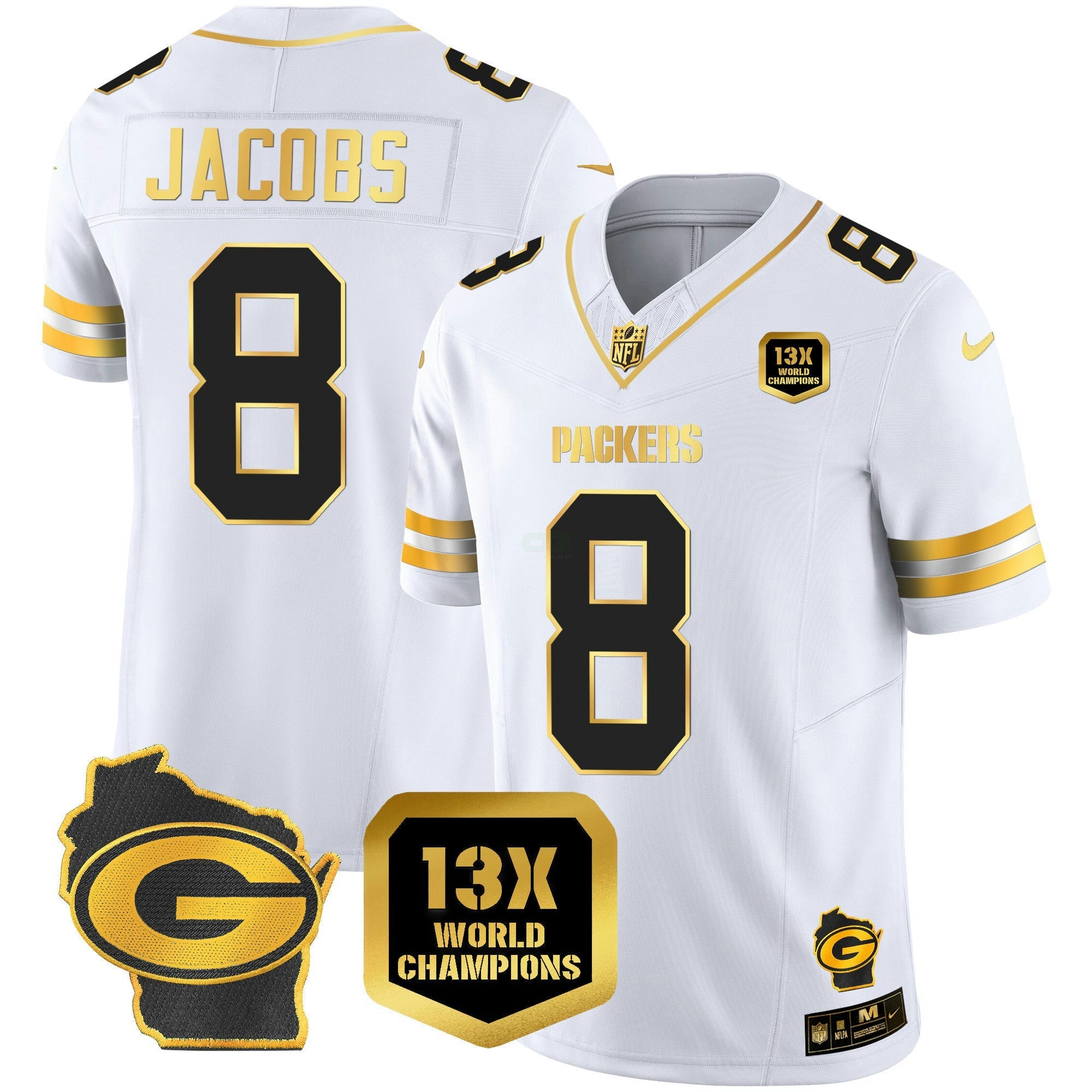 Camisa NFL Josh Jacobs 13 Time World Champions & Home Patch Dourada Vapor Jersey