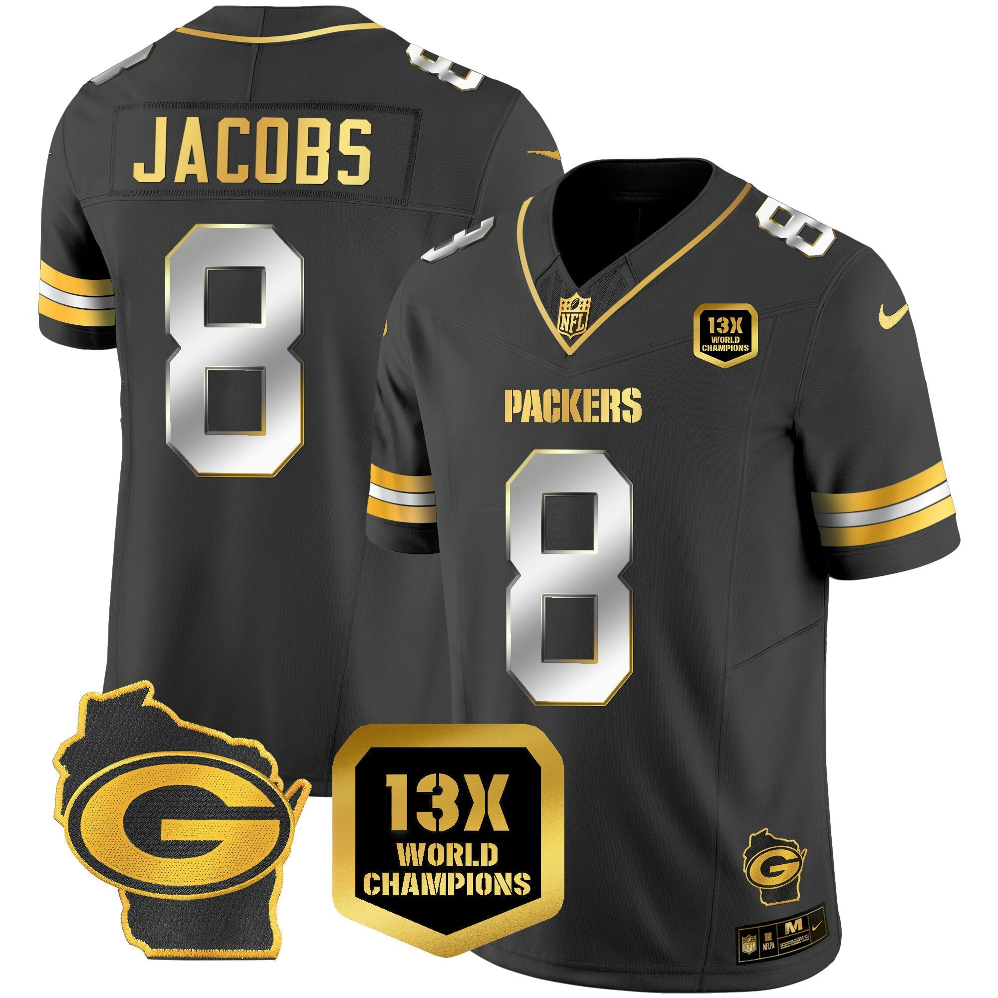 Camisa NFL Josh Jacobs 13 Time World Champions & Home Patch Dourada Vapor Jersey