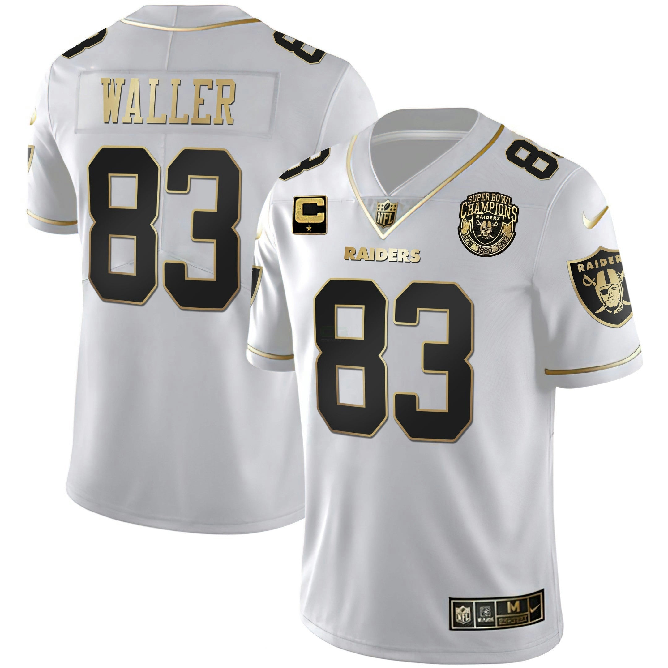 Camisa NFL Men’s 1976 – 1980 – 1983 Super Bowl Champions Patch Branca Dourada and Preta Dourada