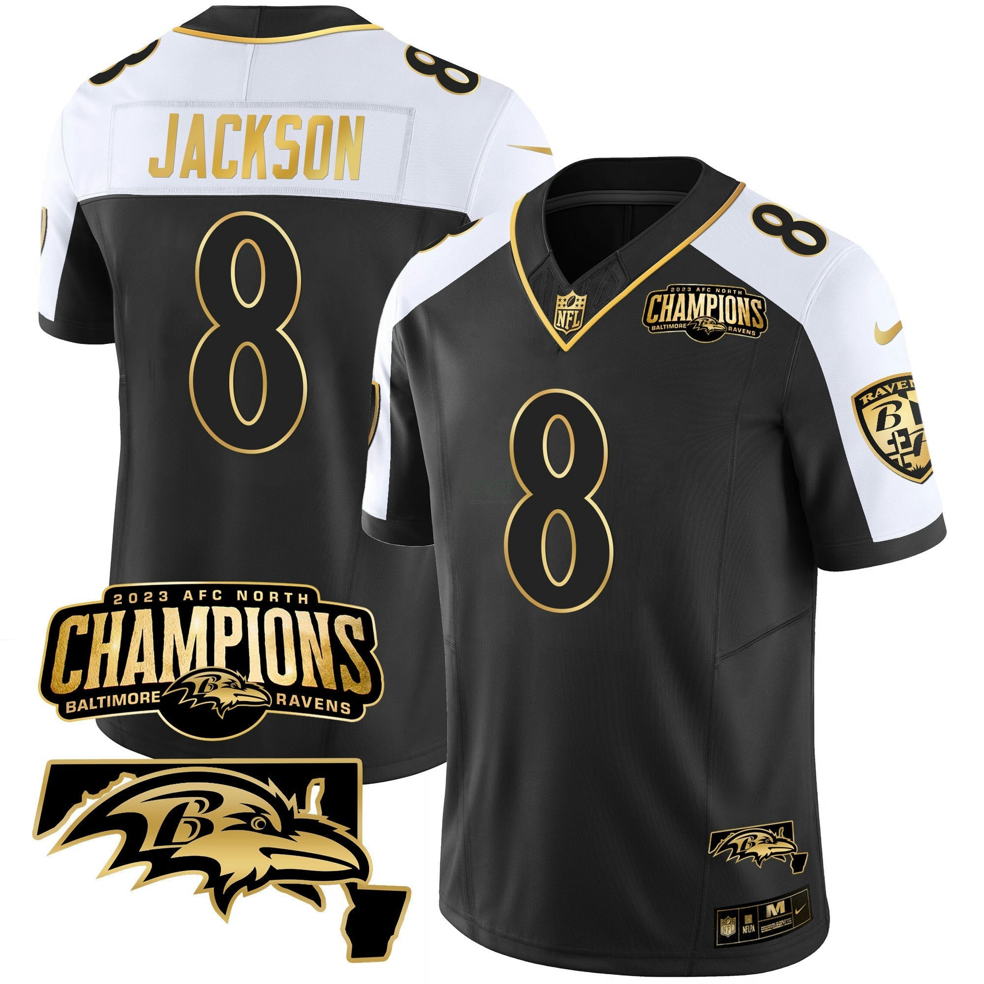 Camisa NFL Men’s 2023 AFC North Champions & Maryland Patch Dourada Vapor Jersey