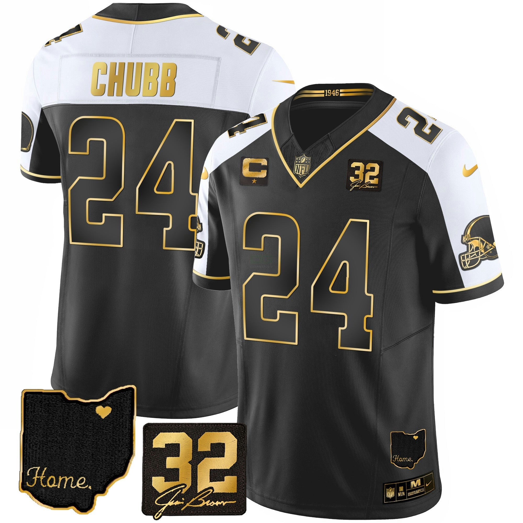 Camisa NFL Men’s #32 Jim Brown Memorial & Home Patch Dourada Jersey