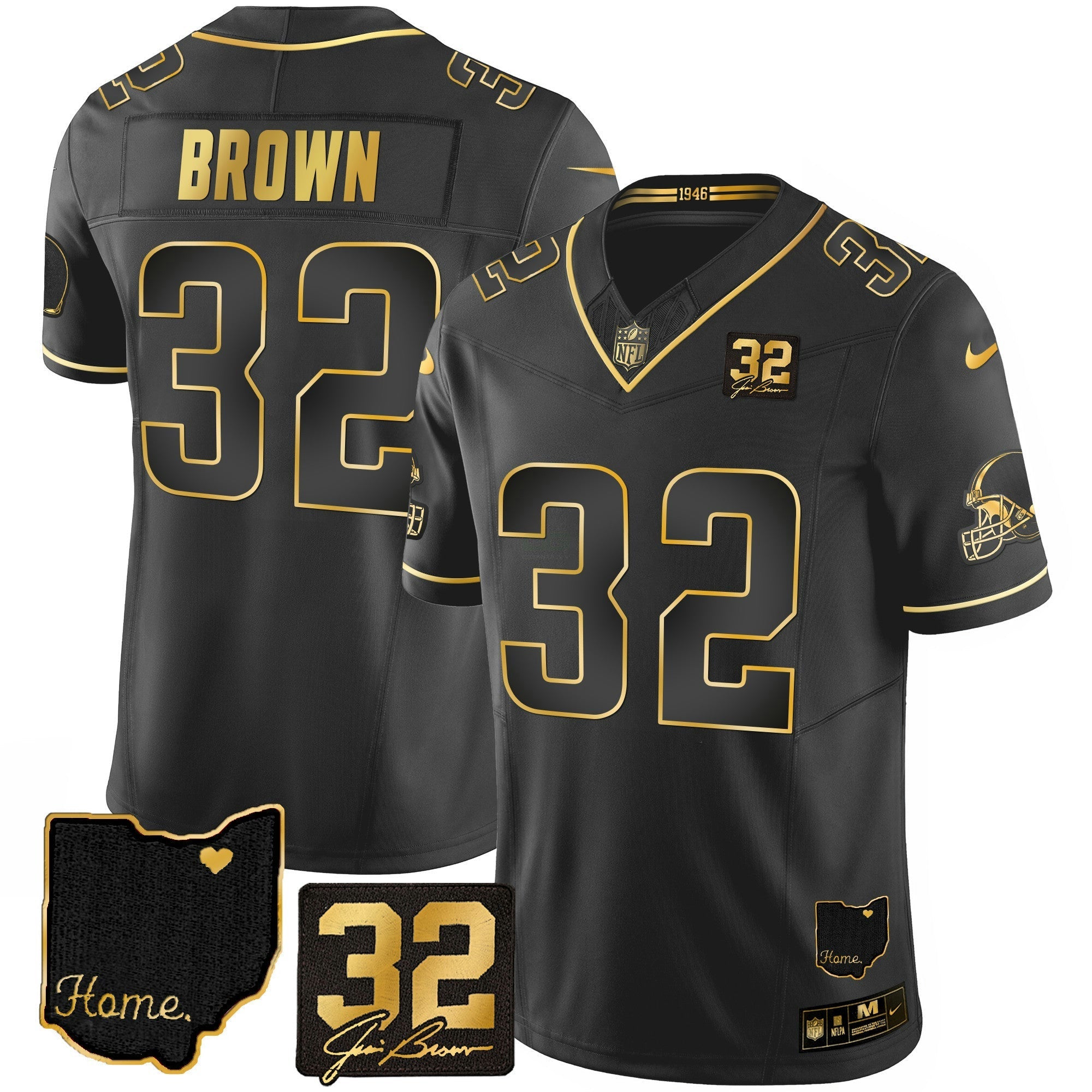 Camisa NFL Men’s #32 Jim Brown Memorial & Home Patch Dourada Jersey