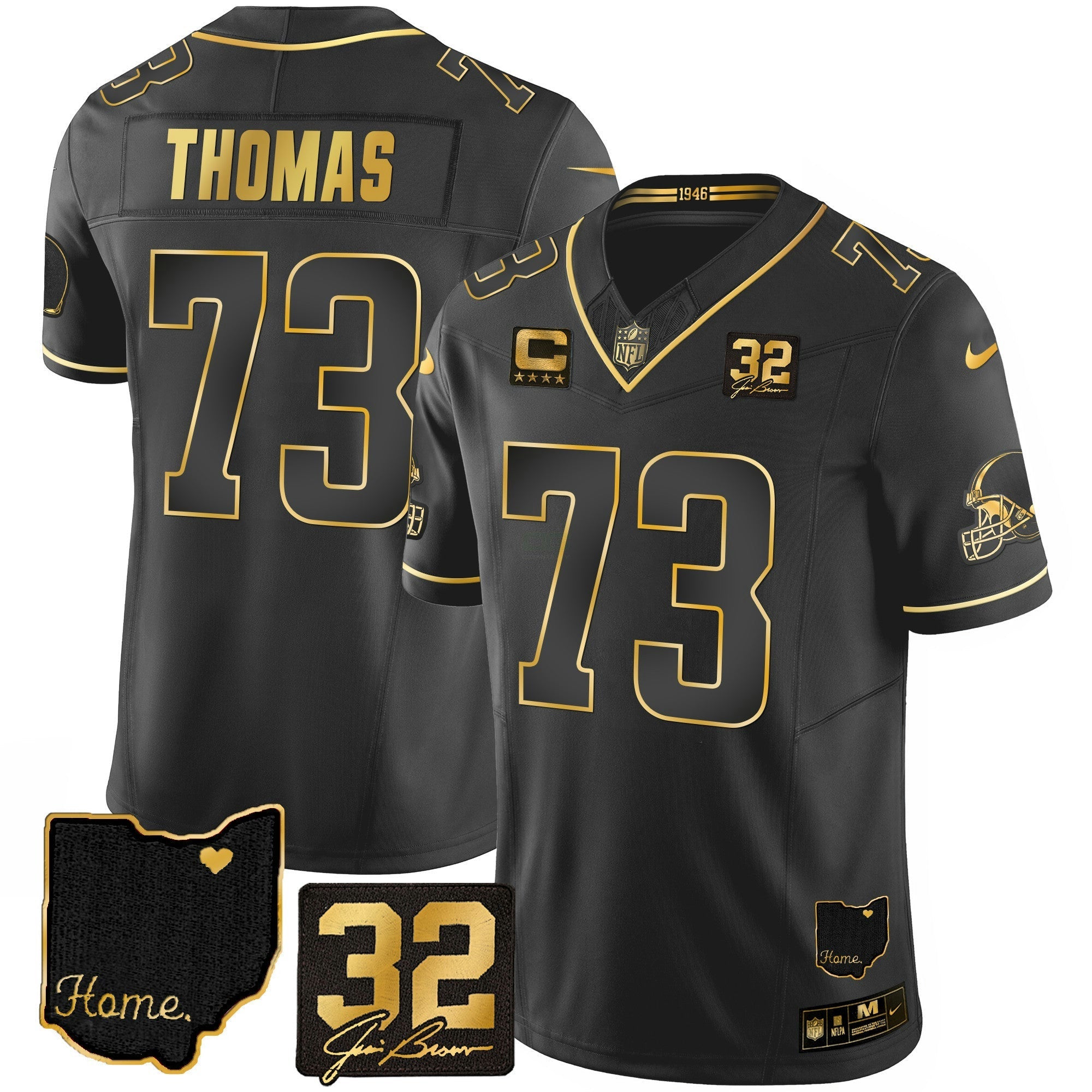Camisa NFL Men’s #32 Jim Brown Memorial & Home Patch Dourada Jersey