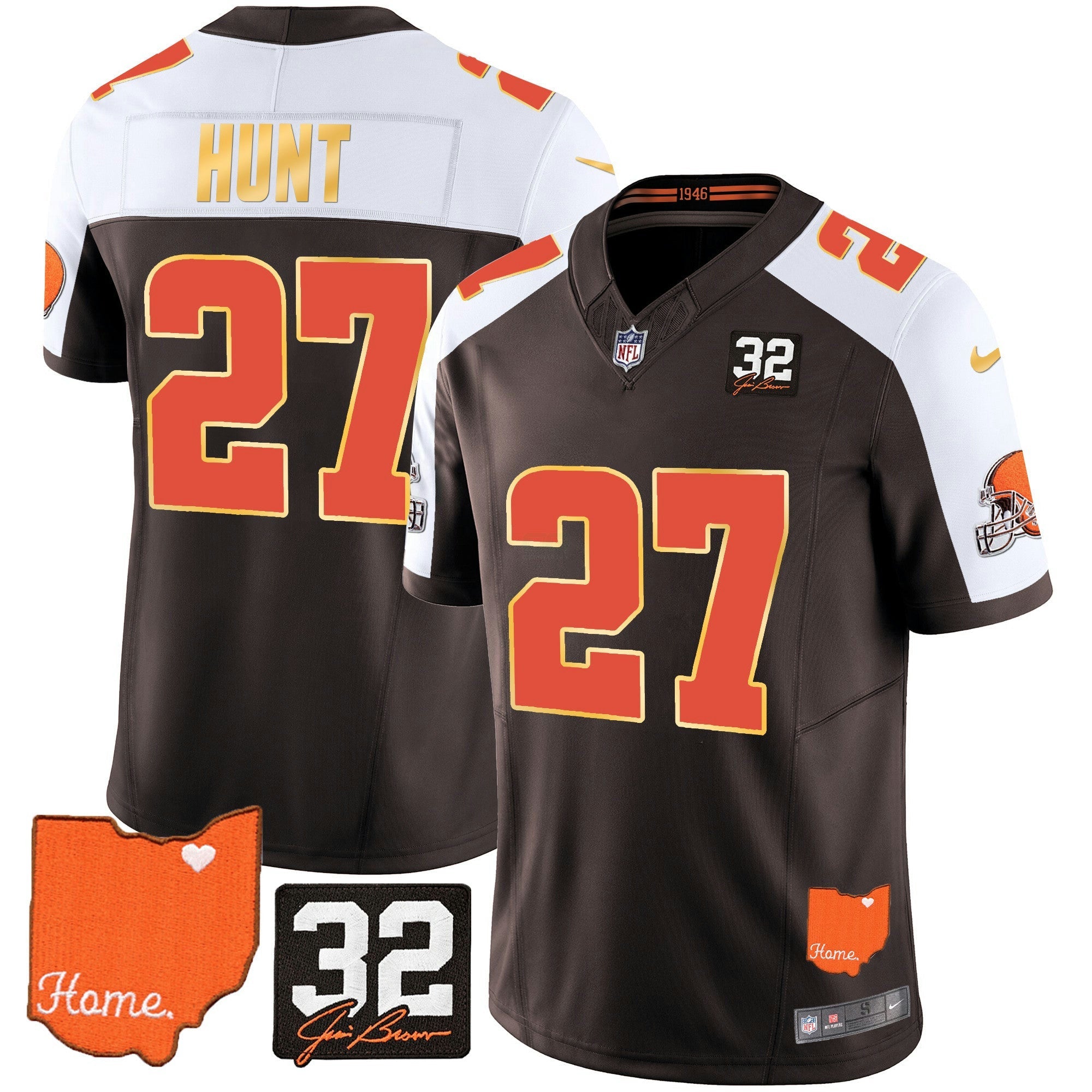 Camisa NFL Men’s #32 Jim Brown Memorial & Home Patch Dourada Trim Jersey
