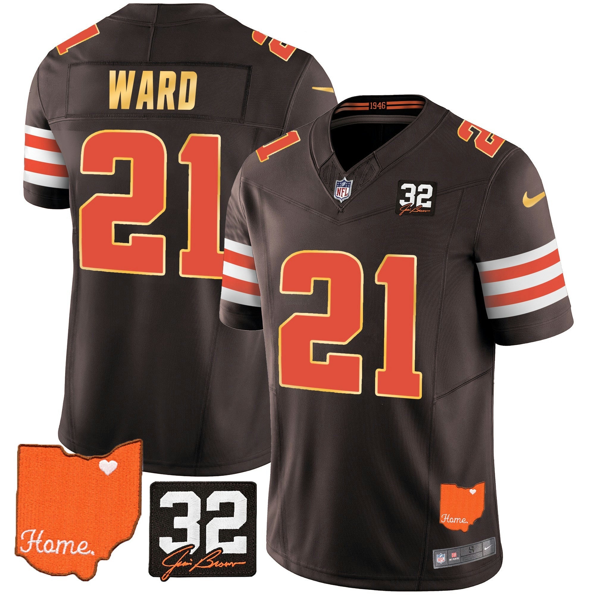 Camisa NFL Men’s #32 Jim Brown Memorial & Home Patch Dourada Trim Jersey