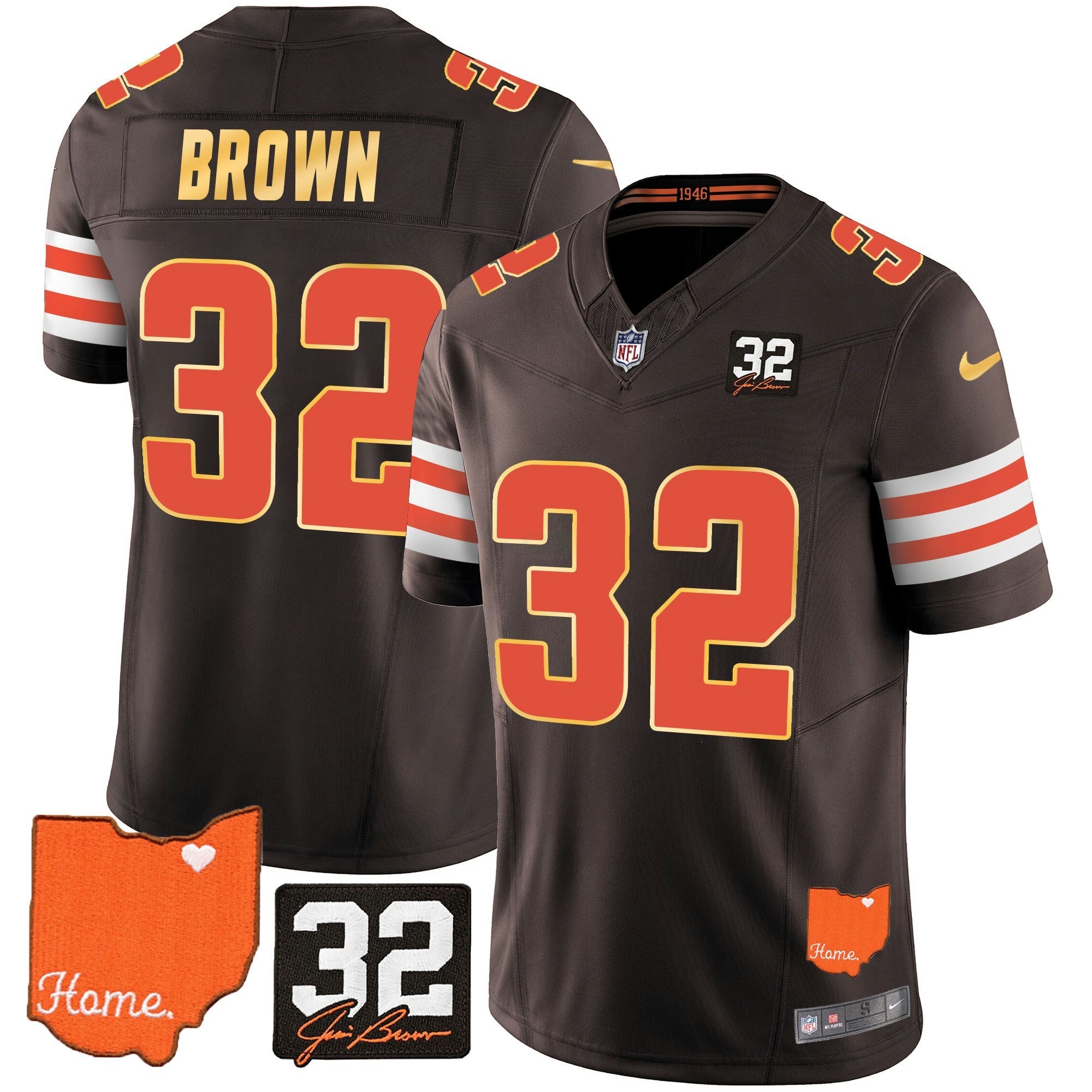 Camisa NFL Men’s #32 Jim Brown Memorial & Home Patch Dourada Trim Jersey