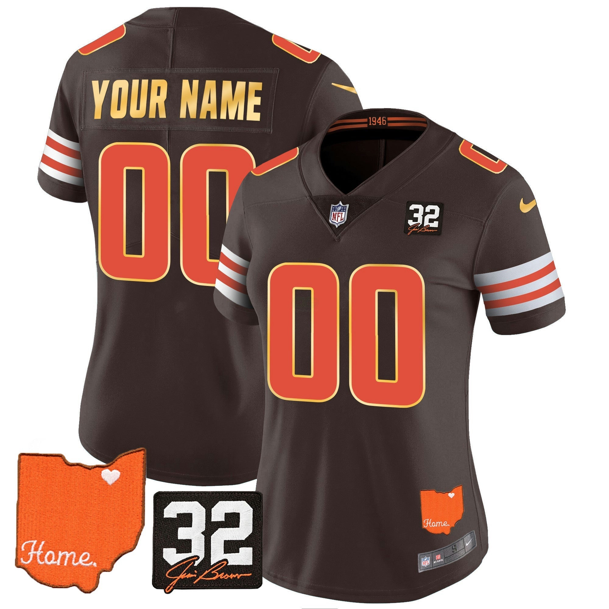 Camisa NFL Men’s #32 Jim Brown Memorial & Home Patch Dourada Trim Jersey