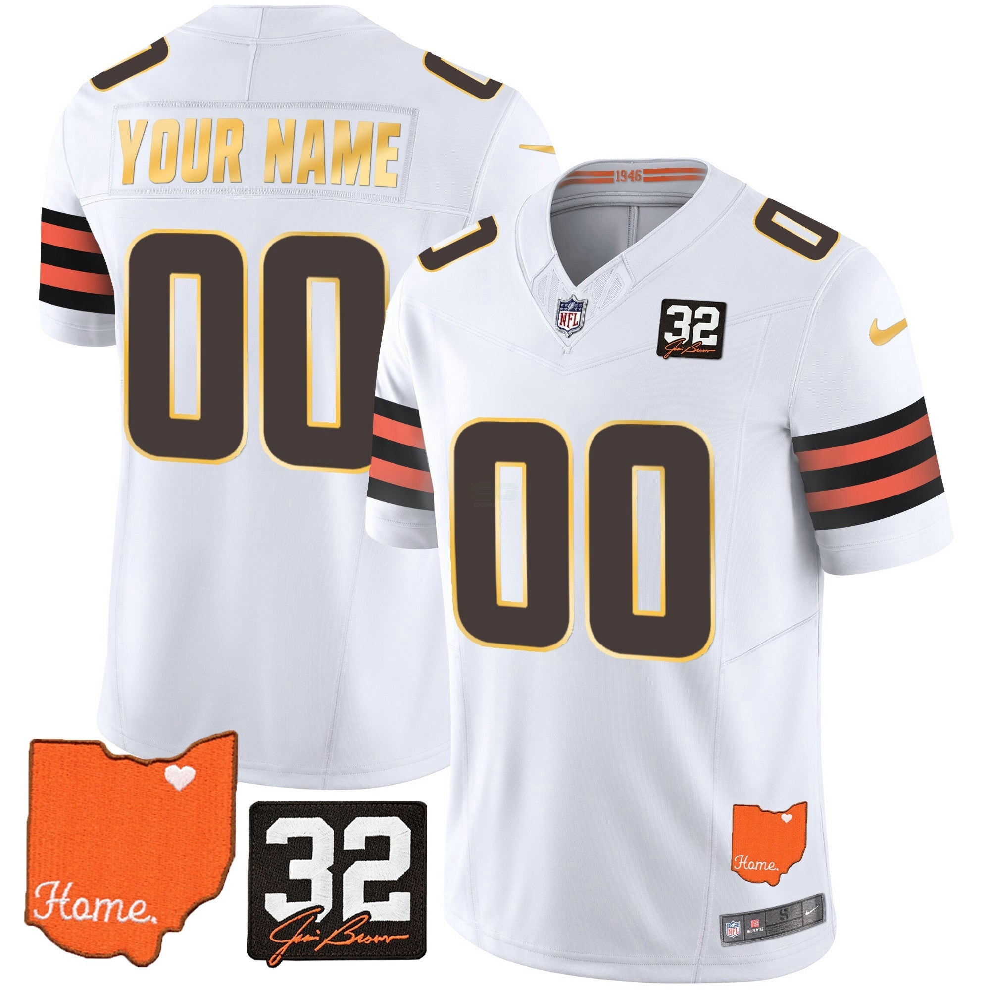 Camisa NFL Men’s #32 Jim Brown Memorial & Home Patch Dourada Trim Jersey