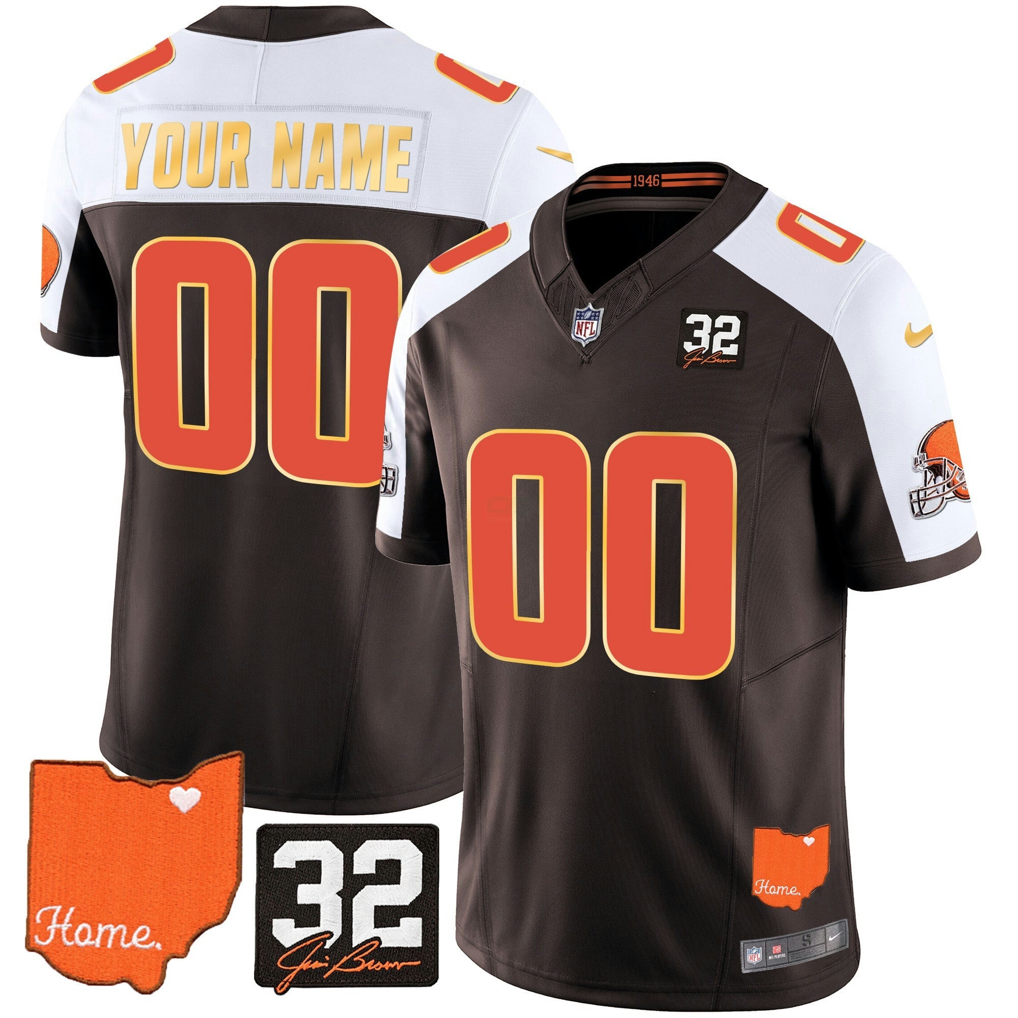 Camisa NFL Men’s #32 Jim Brown Memorial & Home Patch Dourada Trim Jersey