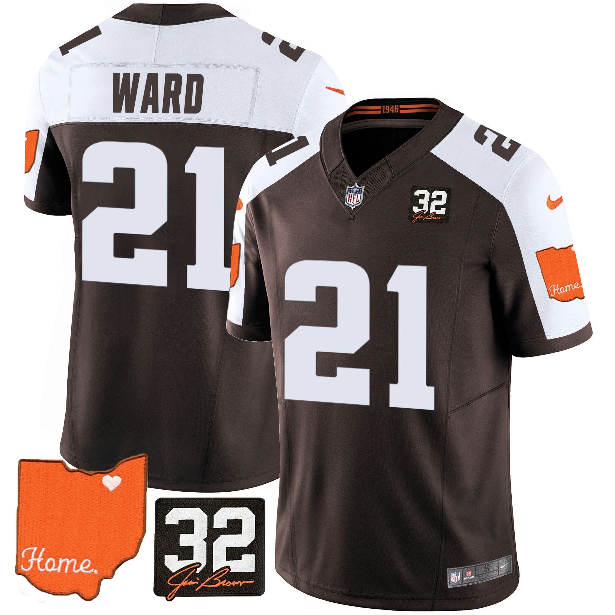 Camisa NFL Men’s #32 Jim Brown Memorial & Home Patch Jersey V2