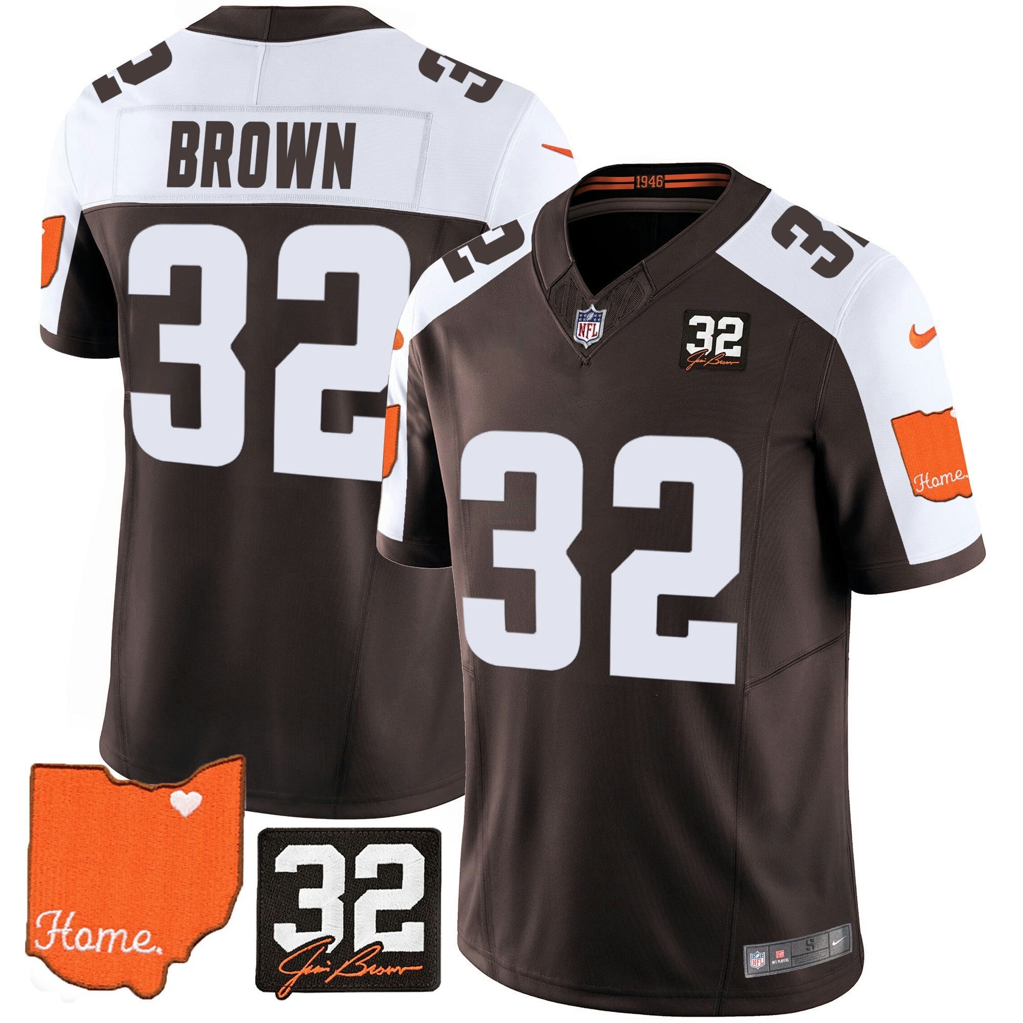 Camisa NFL Men’s #32 Jim Brown Memorial & Home Patch Jersey V2