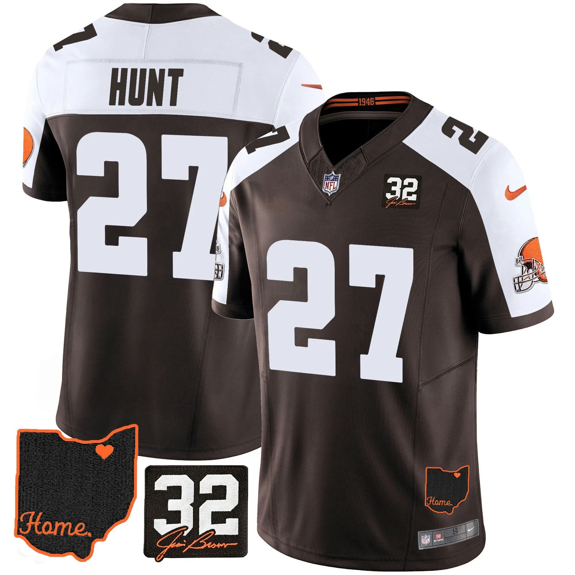 Camisa NFL Men’s #32 Jim Brown Memorial & Home Patch Jersey V3