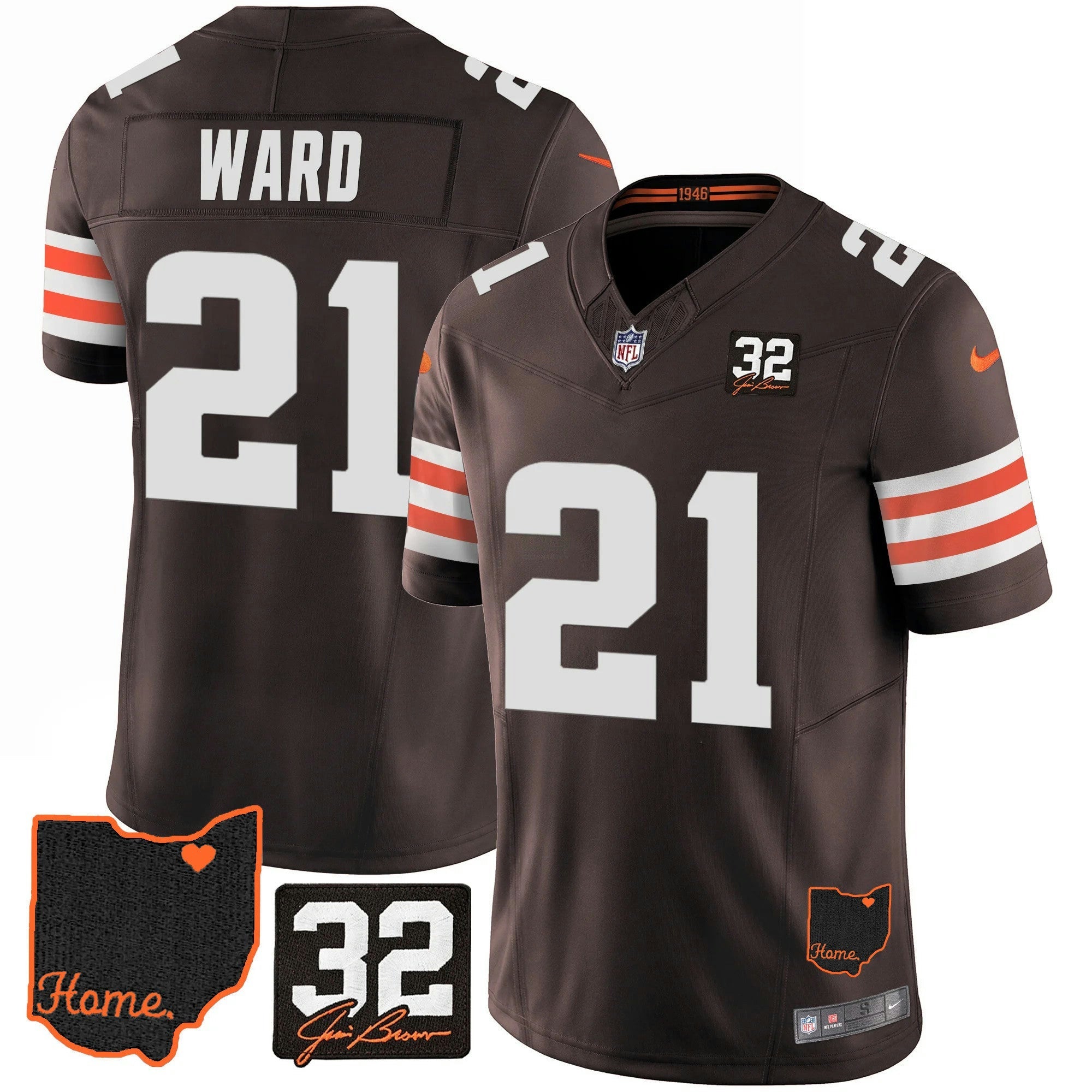Camisa NFL Men’s #32 Jim Brown Memorial & Home Patch Jersey V3