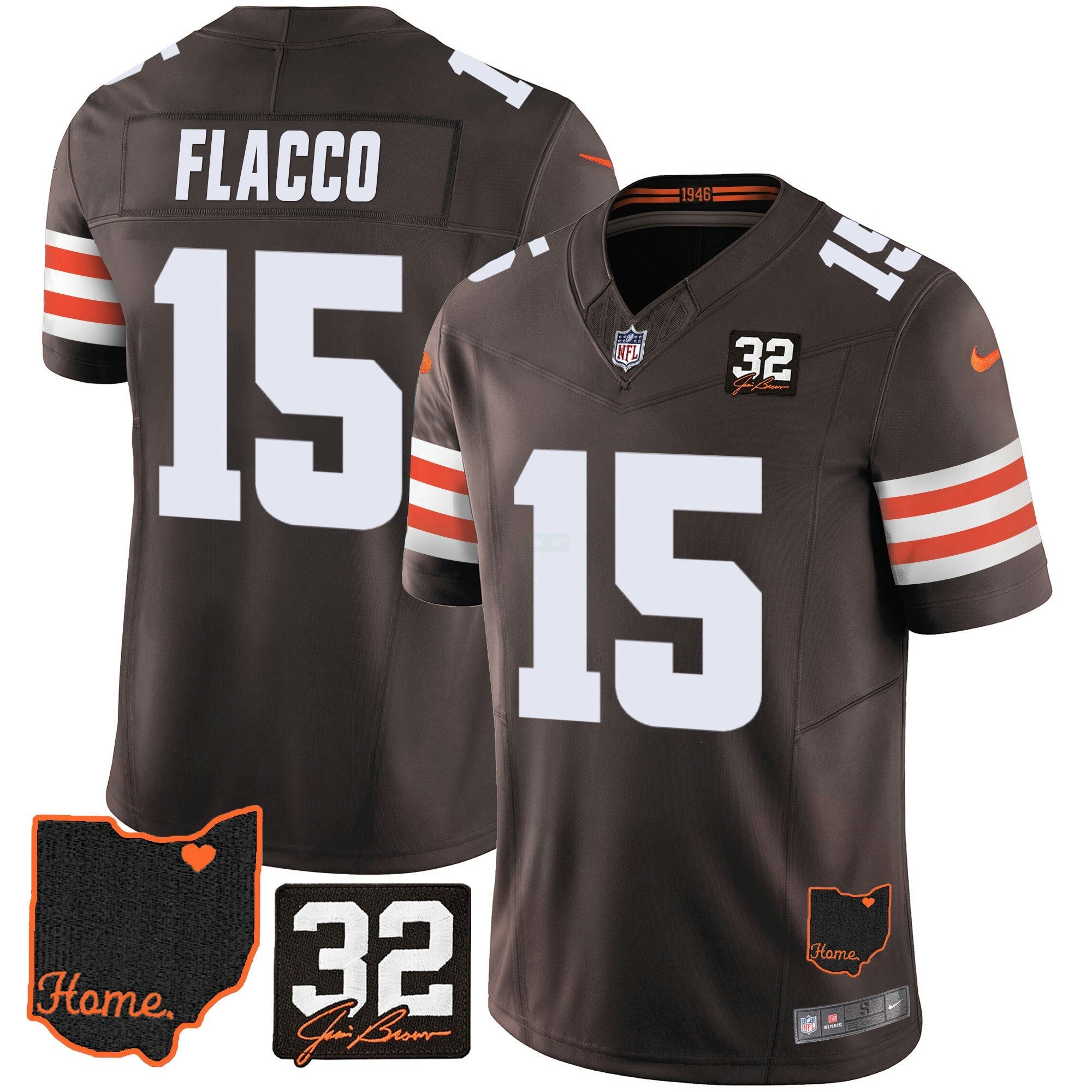 Camisa NFL Men’s #32 Jim Brown Memorial & Home Patch Jersey V3
