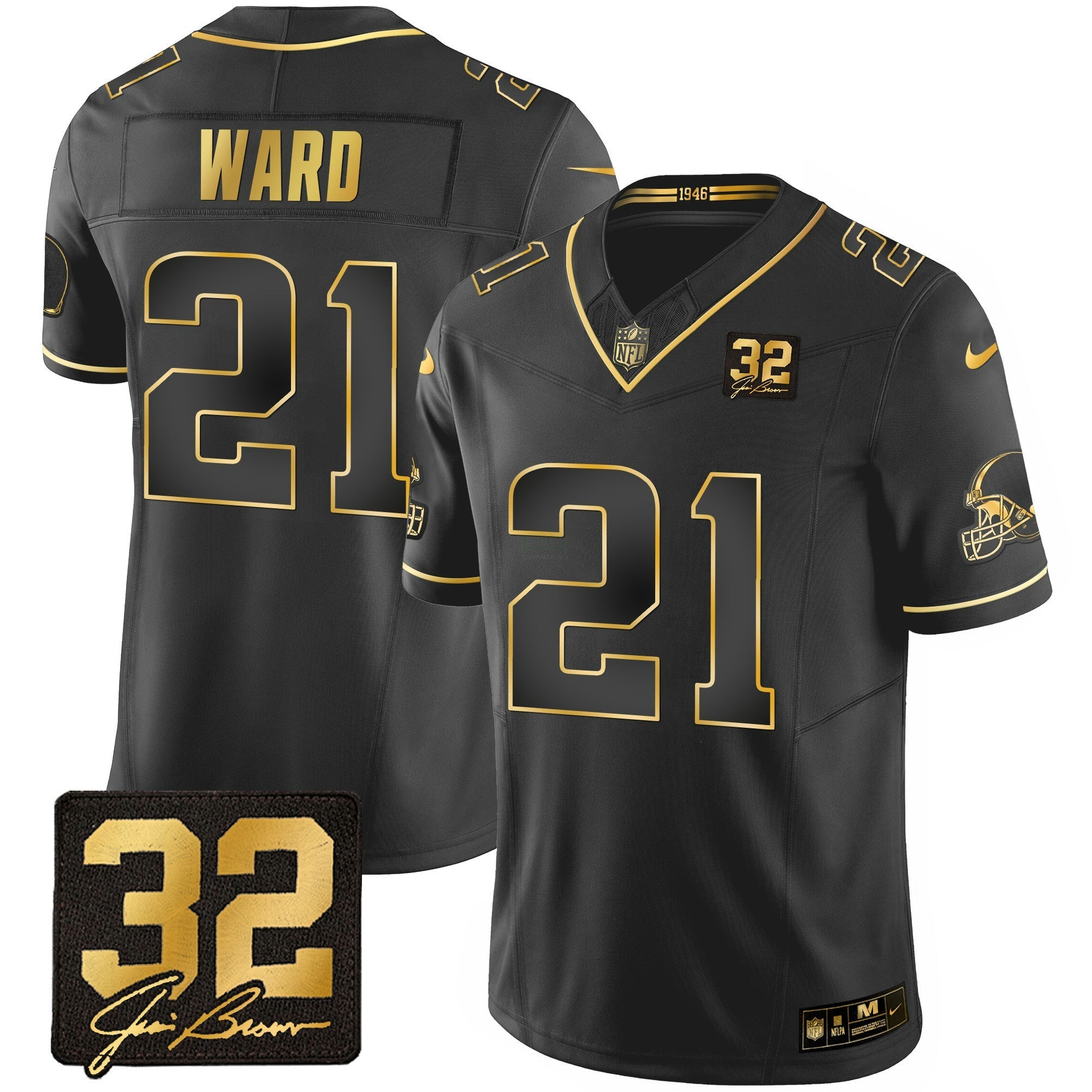 Camisa NFL Men’s #32 Jim Brown Memorial Patch Dourada Jersey