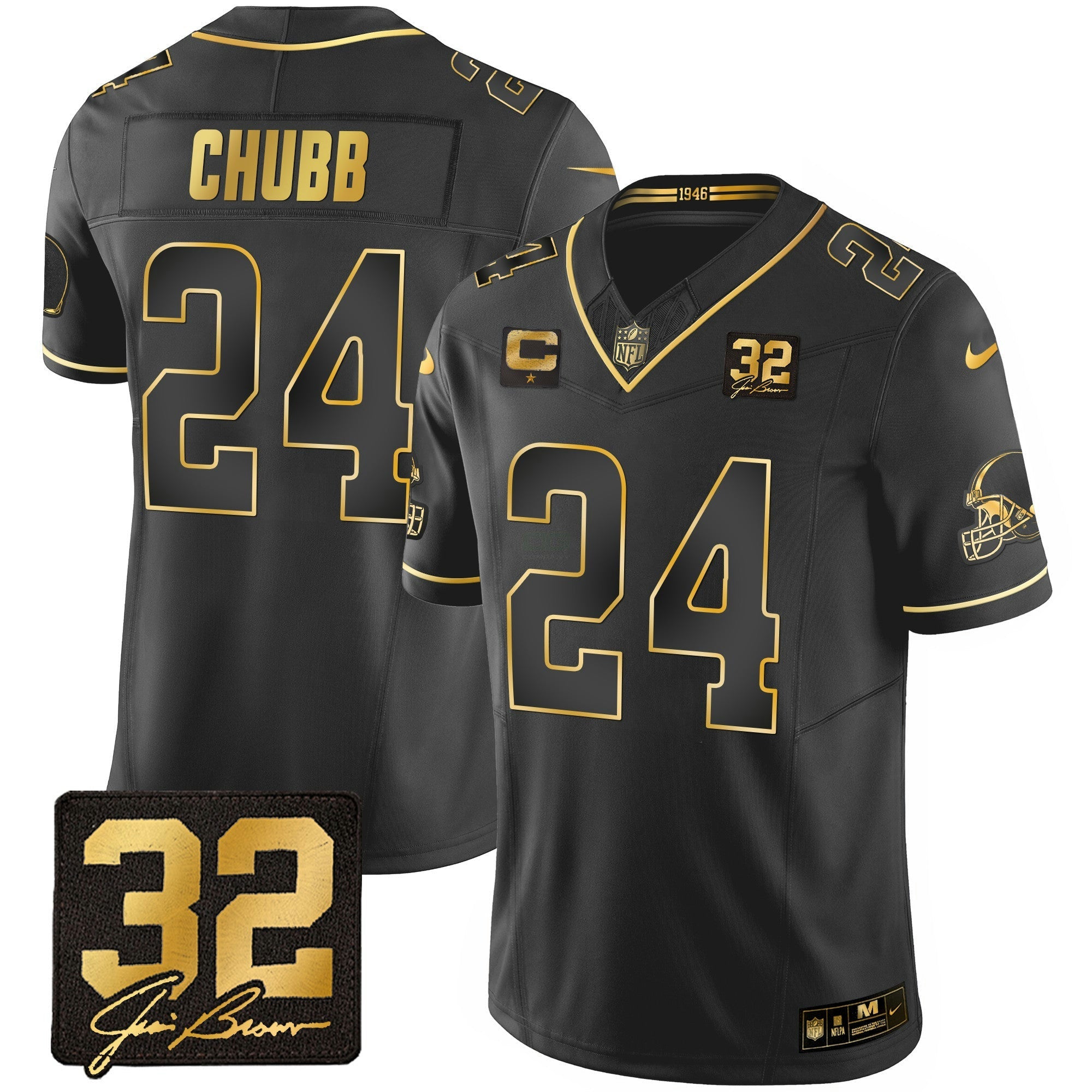 Camisa NFL Men’s #32 Jim Brown Memorial Patch Dourada Jersey