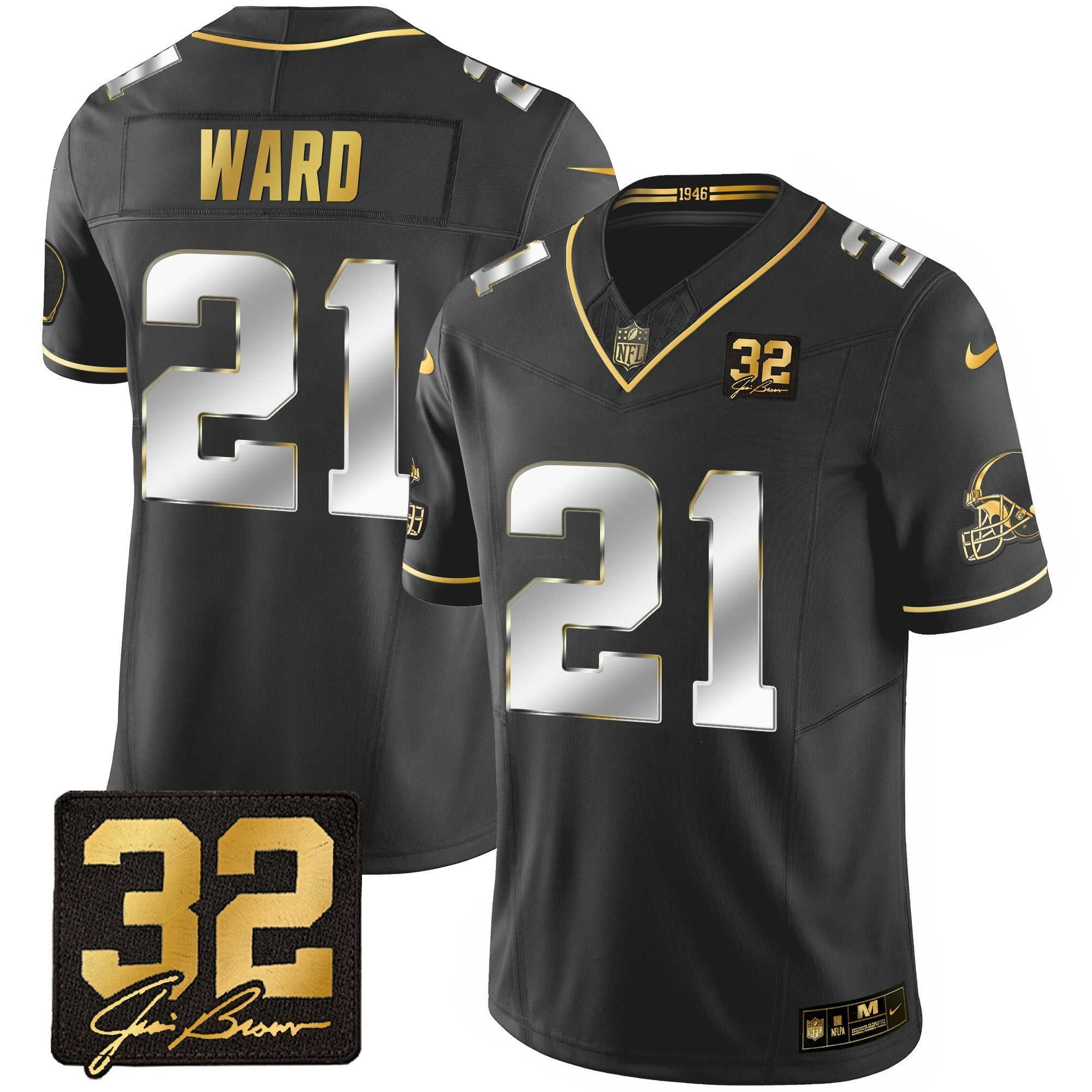 Camisa NFL Men’s #32 Jim Brown Memorial Patch Dourada Jersey
