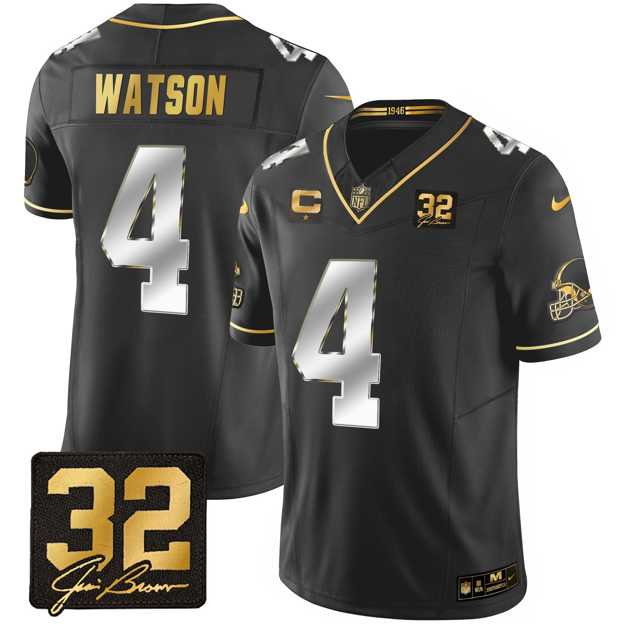 Camisa NFL Men’s #32 Jim Brown Memorial Patch Dourada Jersey