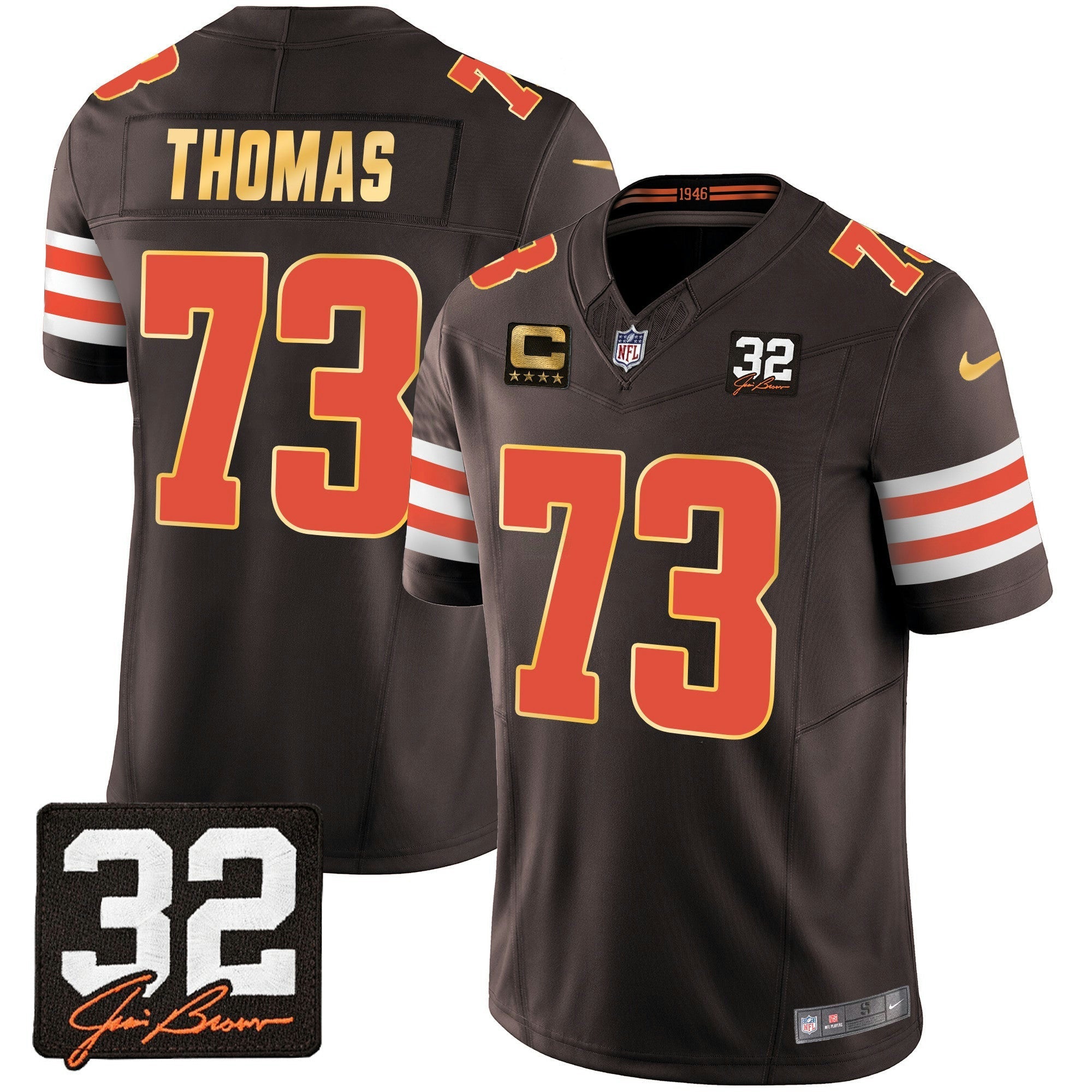 Camisa NFL Men’s #32 Jim Brown Memorial Patch Dourada Trim Jersey