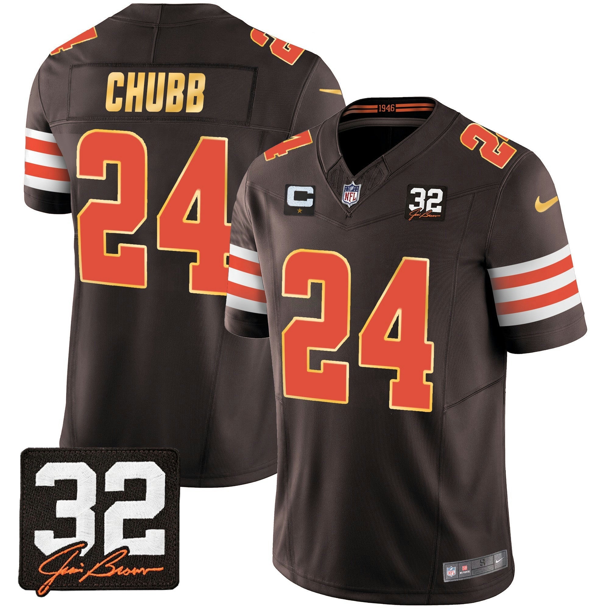 Camisa NFL Men’s #32 Jim Brown Memorial Patch Dourada Trim Jersey