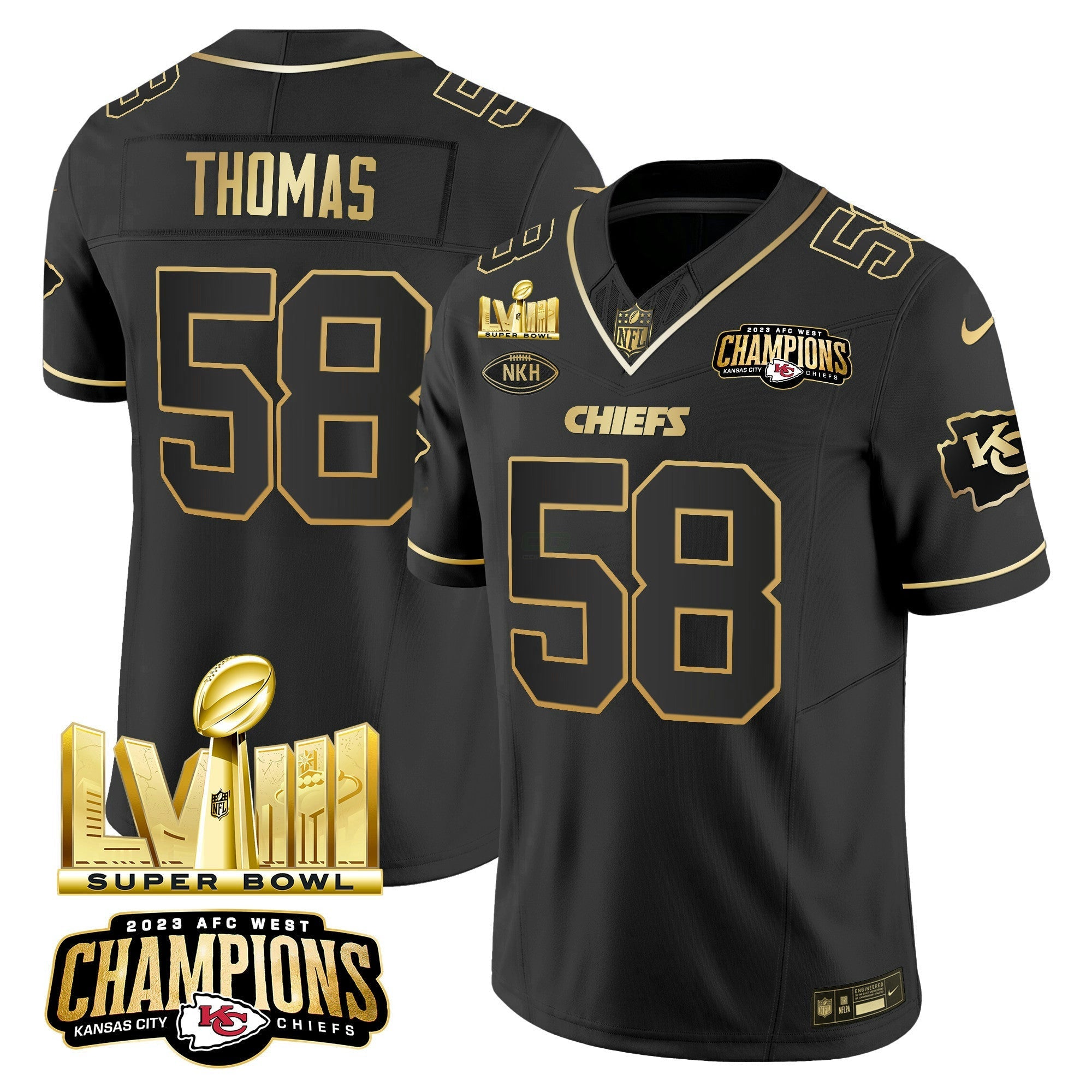 Camisa NFL Men’s AFC West Champions & Super Bowl LVIII Dourada Patch Vapor Jersey V2