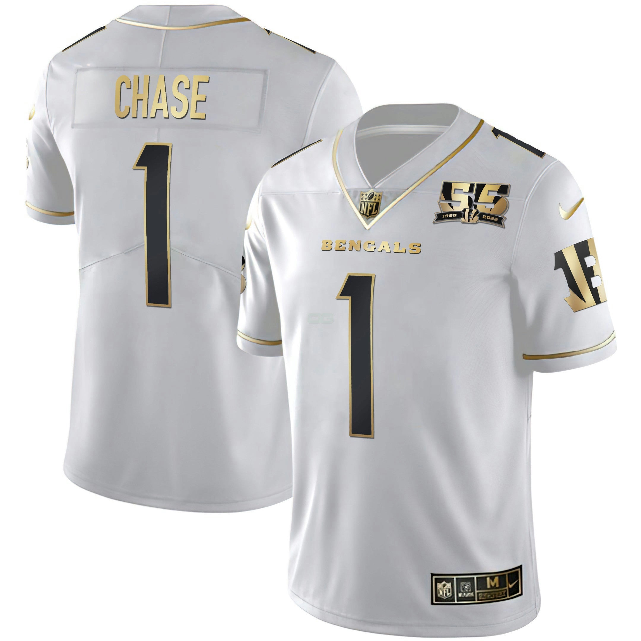 Camisa NFL Men’s Cincinnati 55th 1968 – 2022 Anniversary Patch Branca Dourada & Preta Dourada Jersey