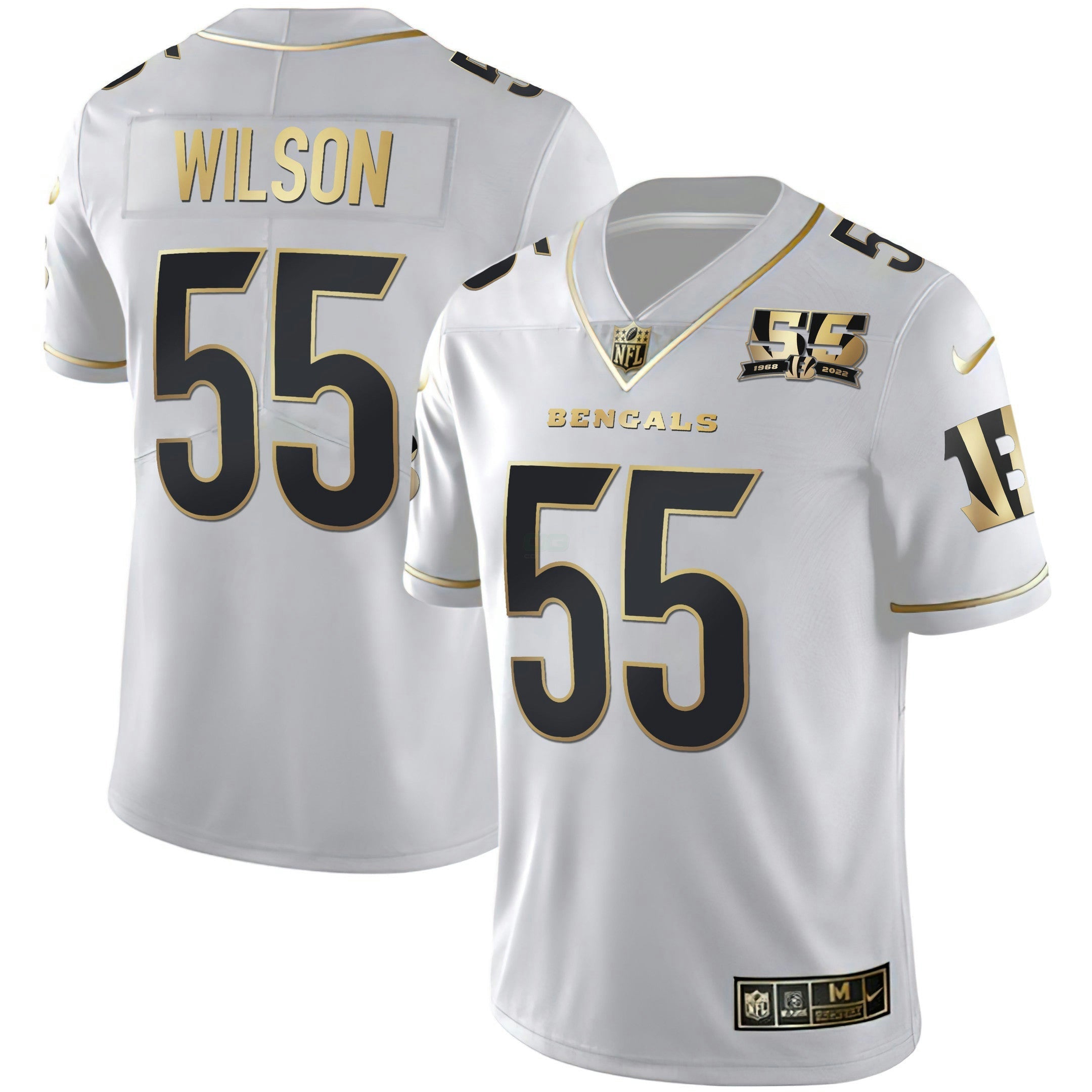 Camisa NFL Men’s Cincinnati 55th 1968 – 2022 Anniversary Patch Branca Dourada & Preta Dourada Jersey