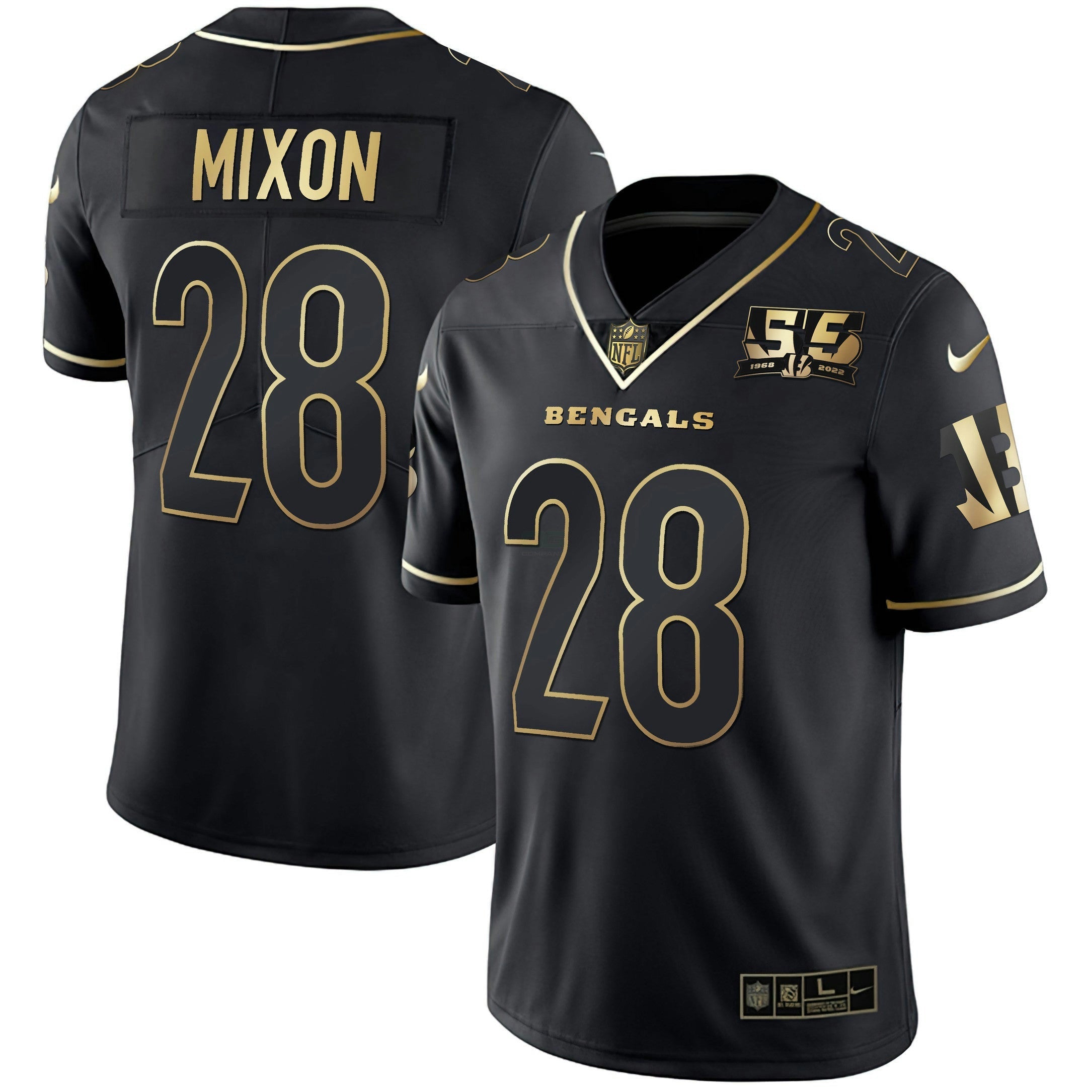Camisa NFL Men’s Cincinnati 55th 1968 – 2022 Anniversary Patch Branca Dourada & Preta Dourada Jersey