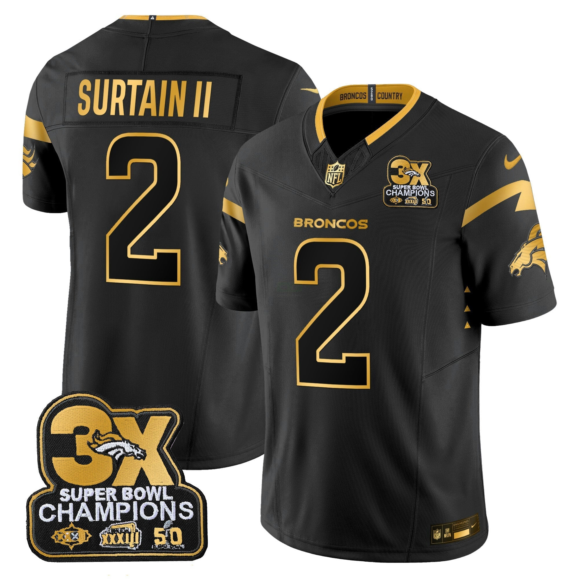 Camisa NFL Men’s Denver 3-Time Champions Patch Dourada Vapor Limited Jersey