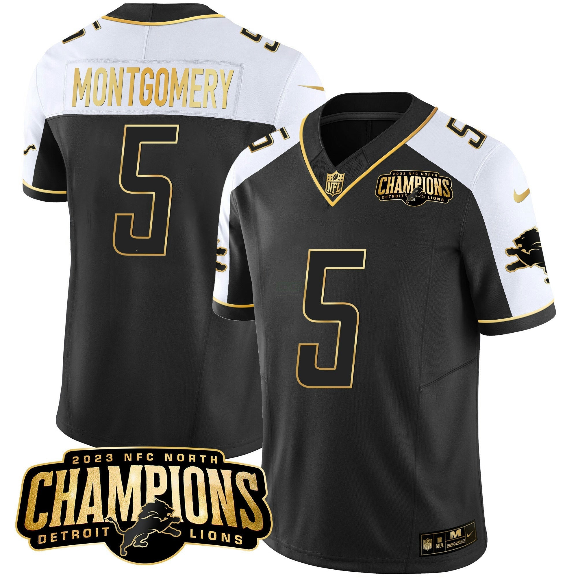 Camisa NFL Men’s Detroit 2023 NFC North Champions Patch Dourada Vapor Jersey