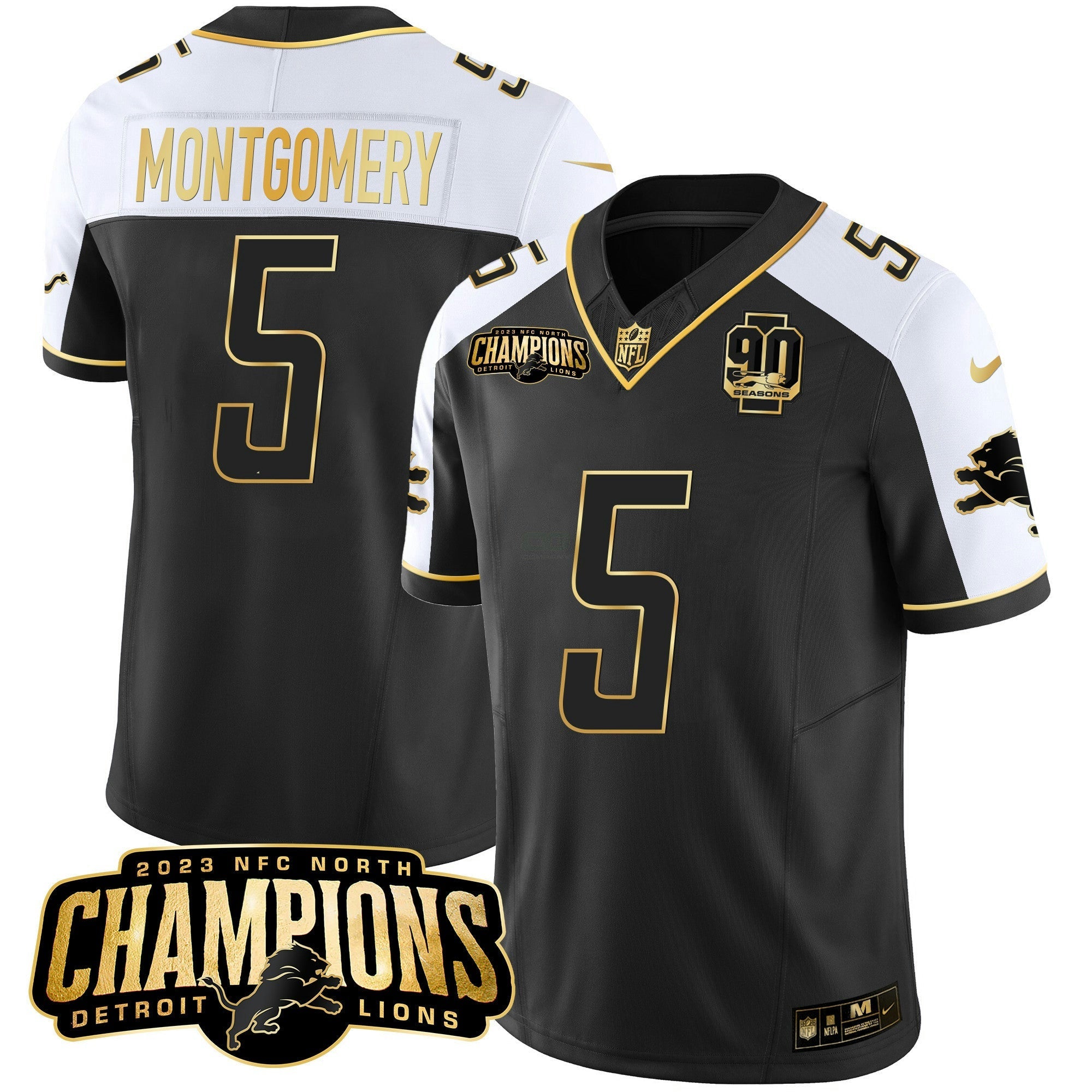 Camisa NFL Men’s Detroit 2023 NFC North Champions Patch Dourada Vapor Jersey V2